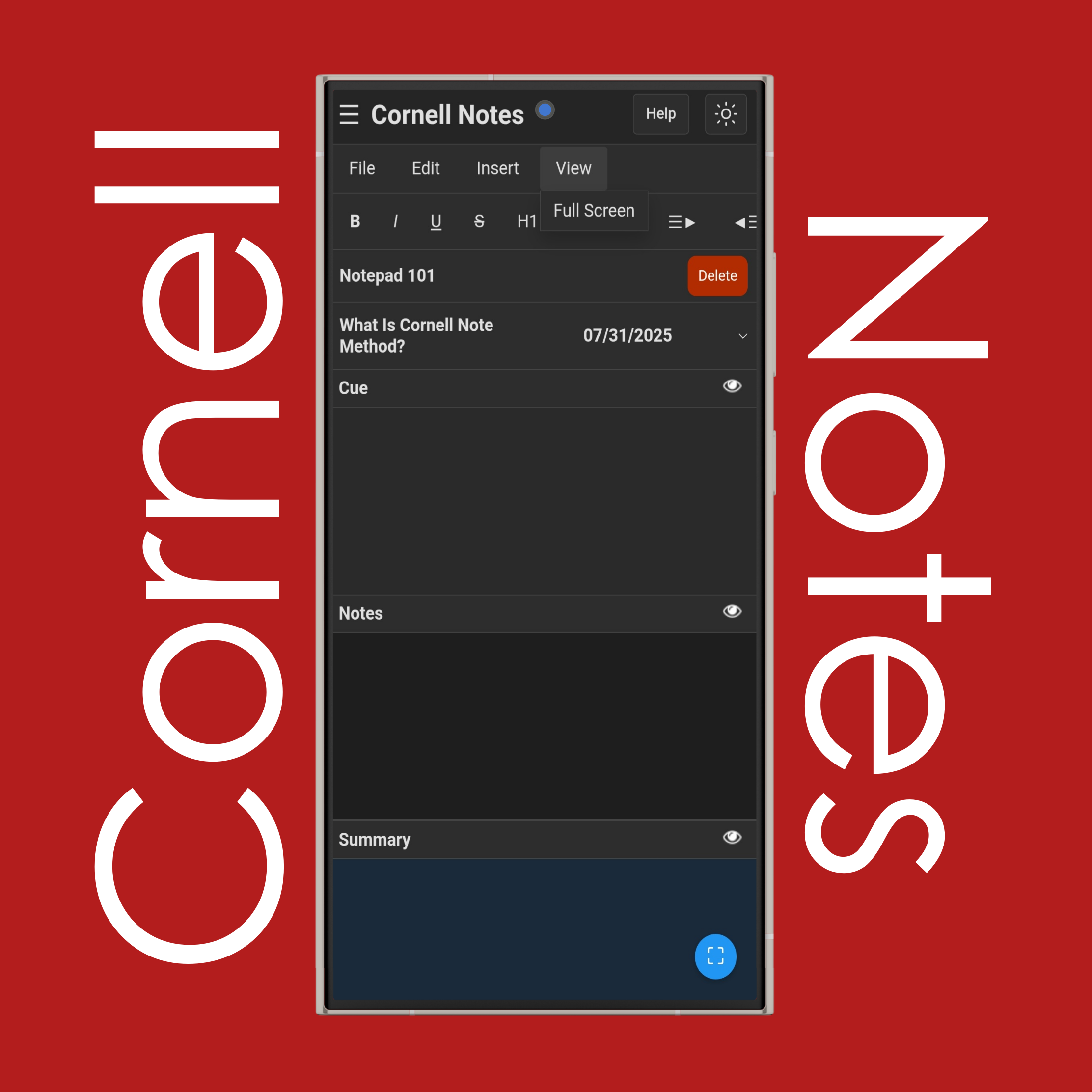 Cornell Notes View Menu