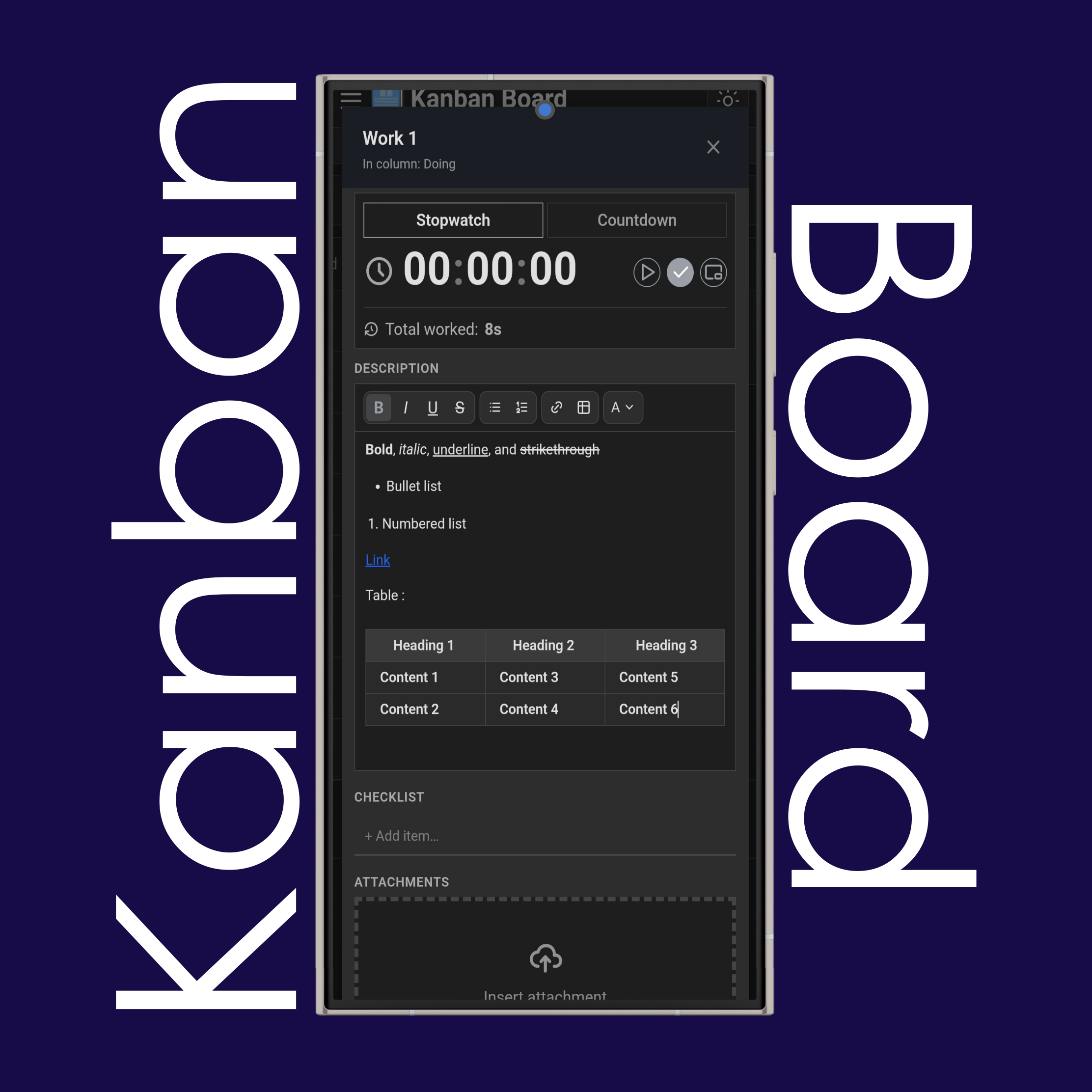 Kanban Board Card Editor: Rename, Stopwatch, Countdown, Text Editor and Checklist