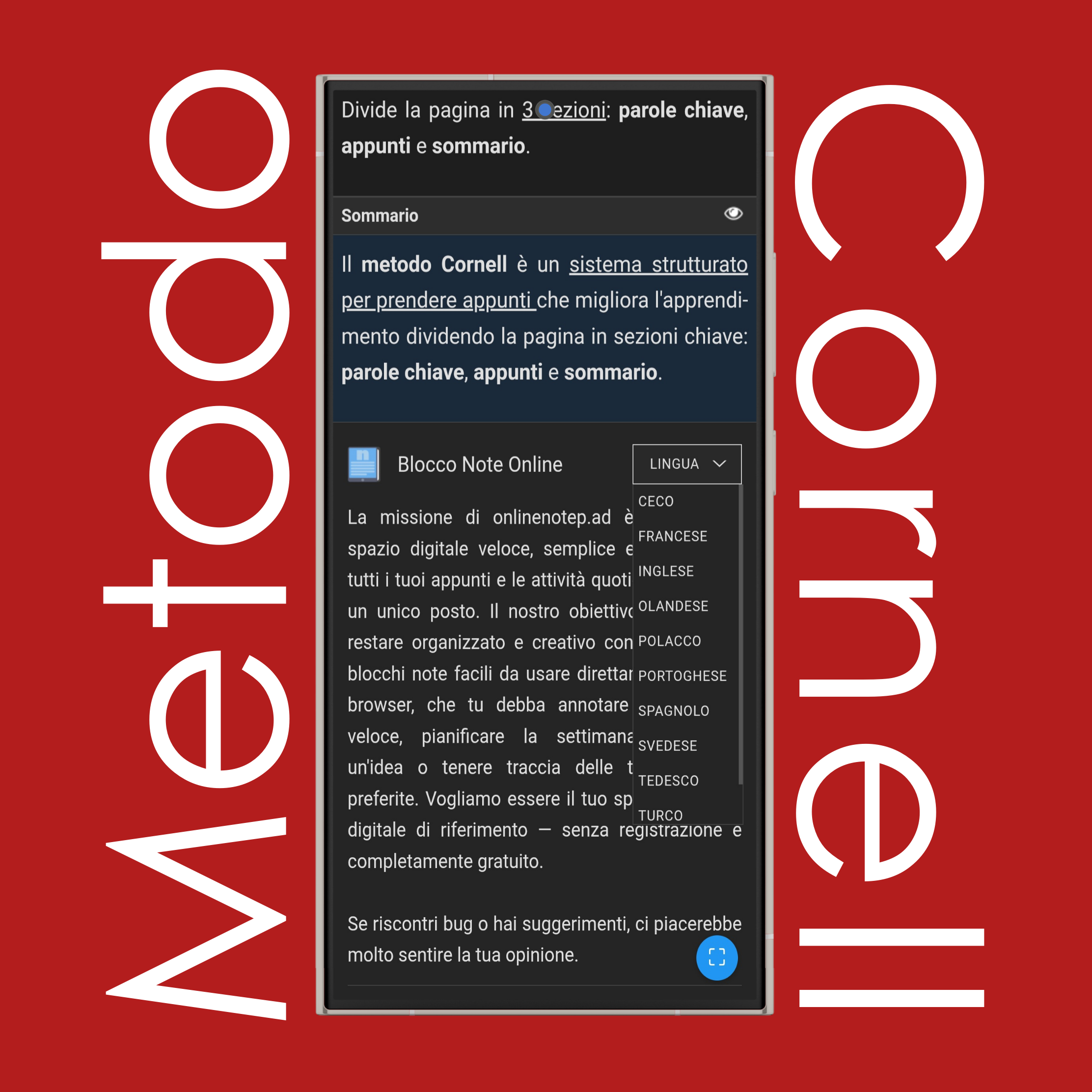 Impostazioni Lingua Appunti Cornell