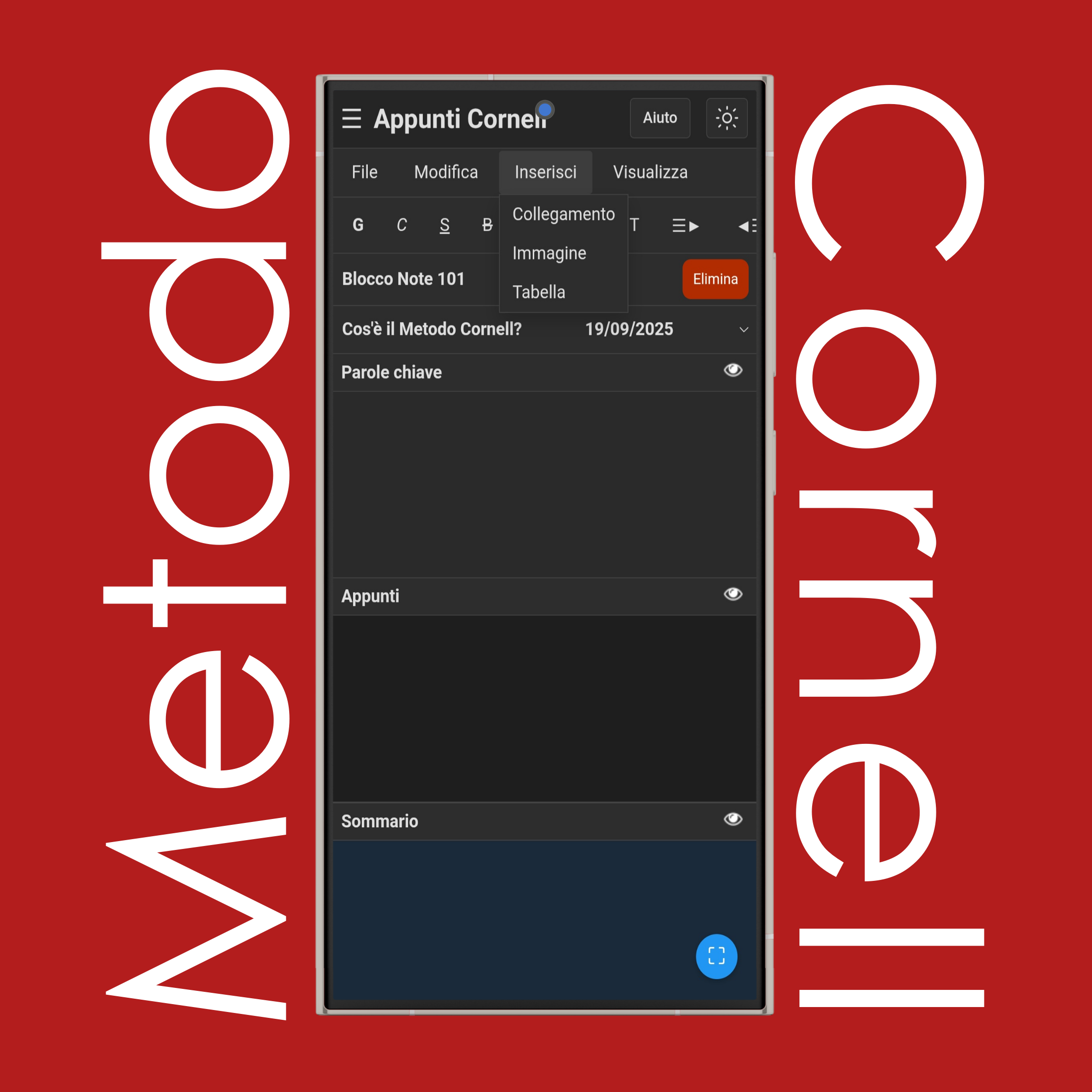 Menu Inserisci Appunti Cornell