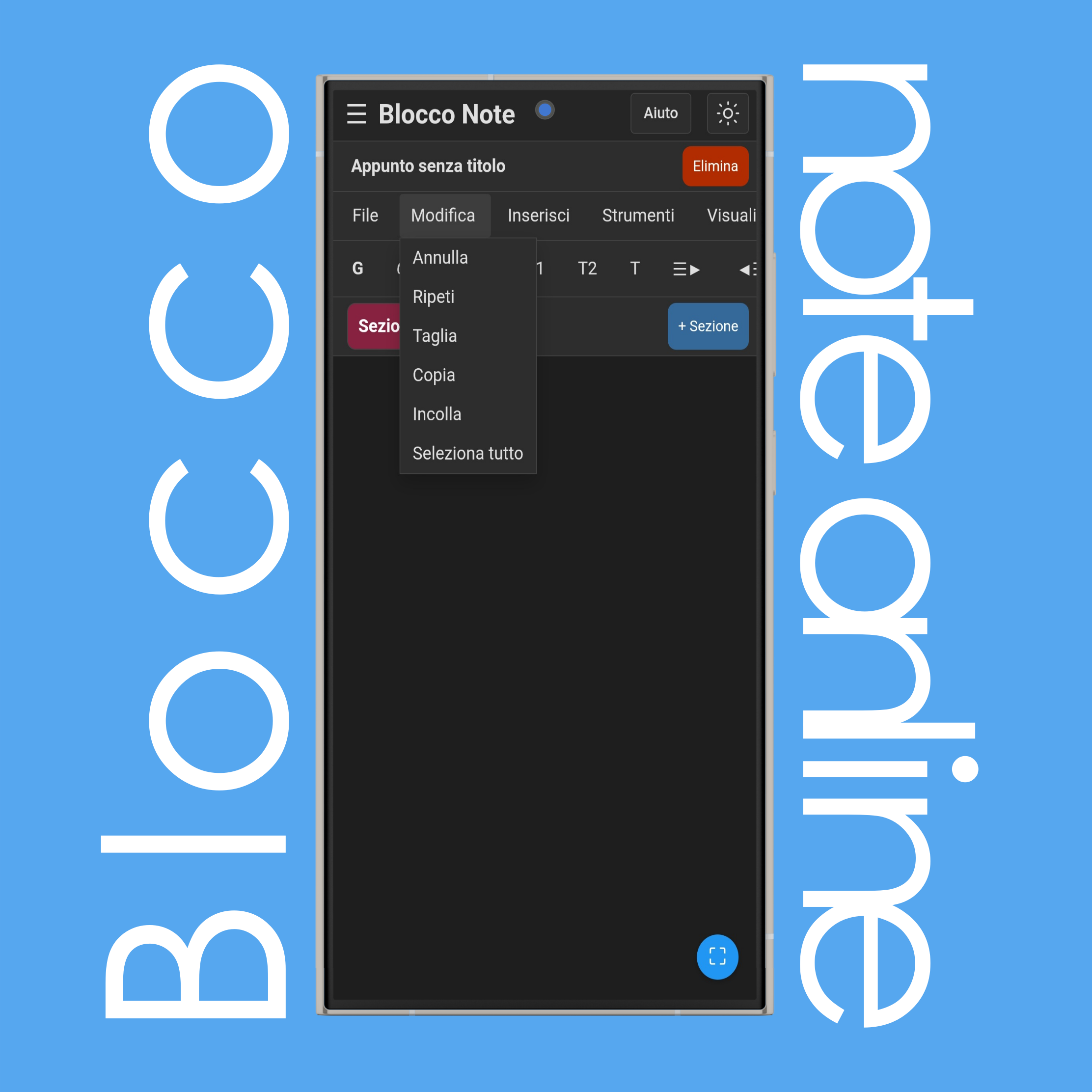Menu Modifica Blocco Note
