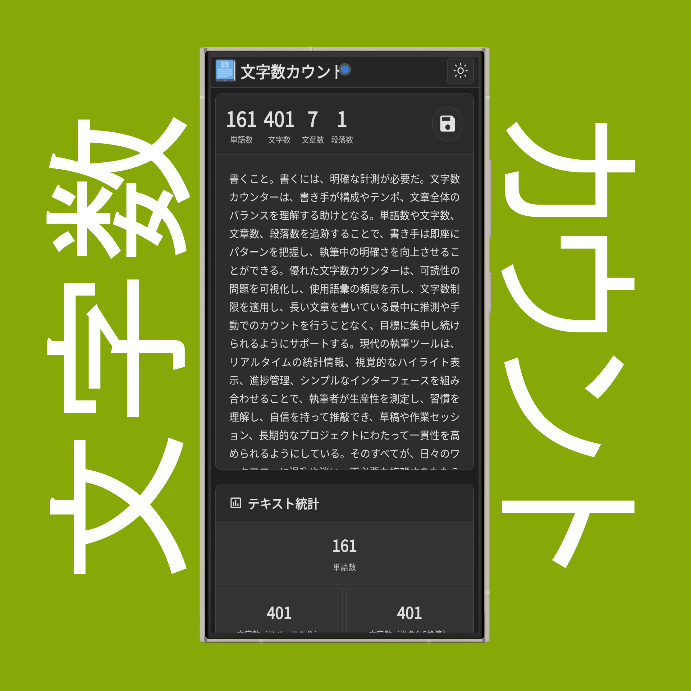 文字数カウントの入力エリアと基本統計（単語数、文字数、文章数、段落数）