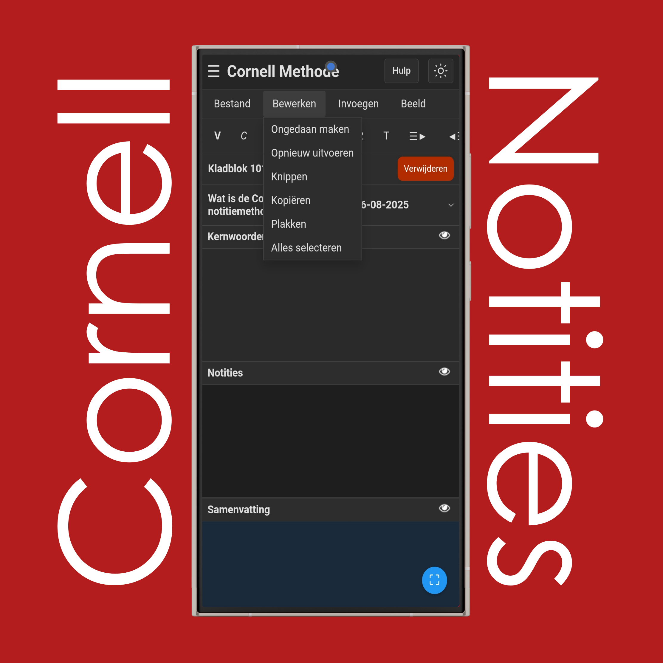 Bewerkmenu Cornell-notities