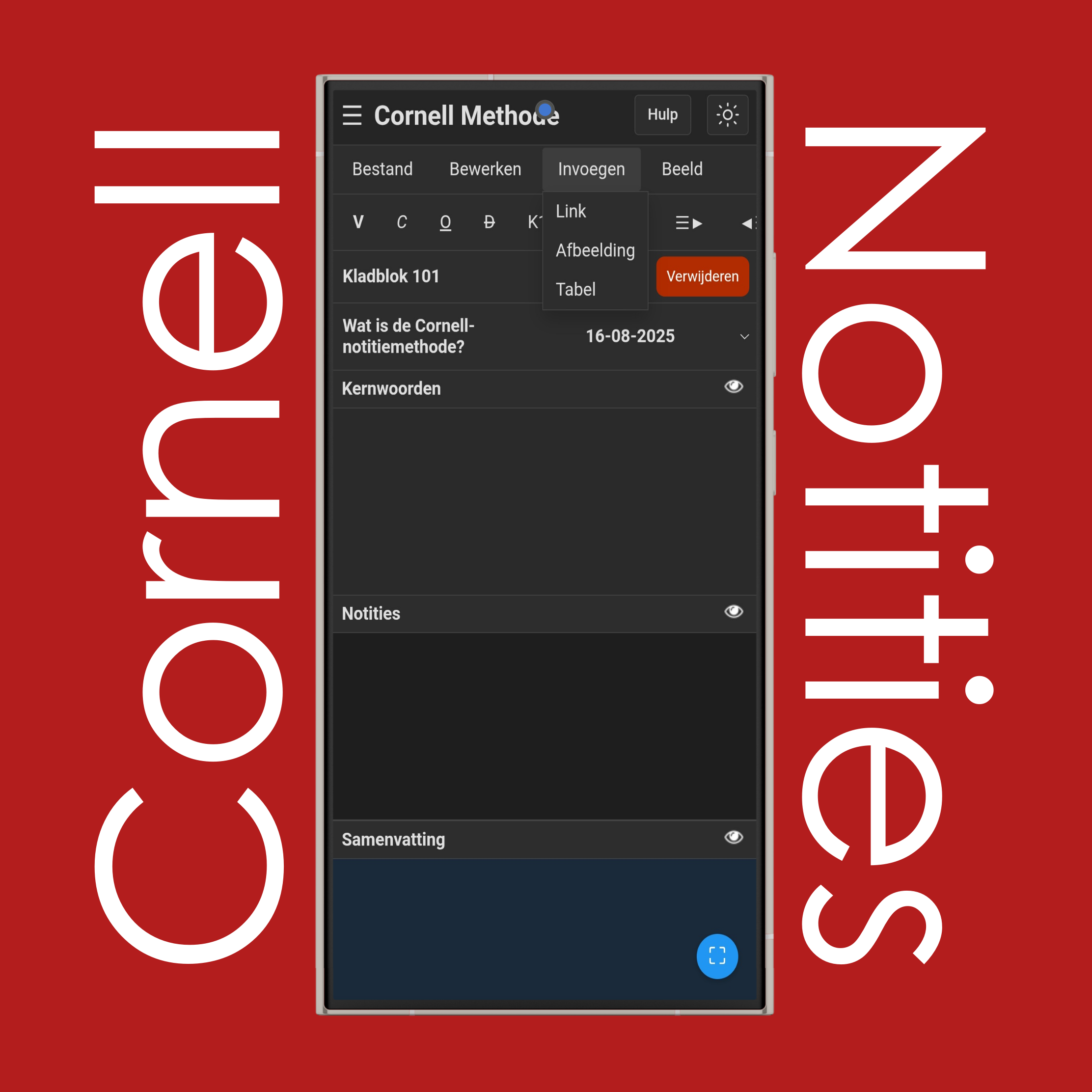 Invoegmenu Cornell-notities