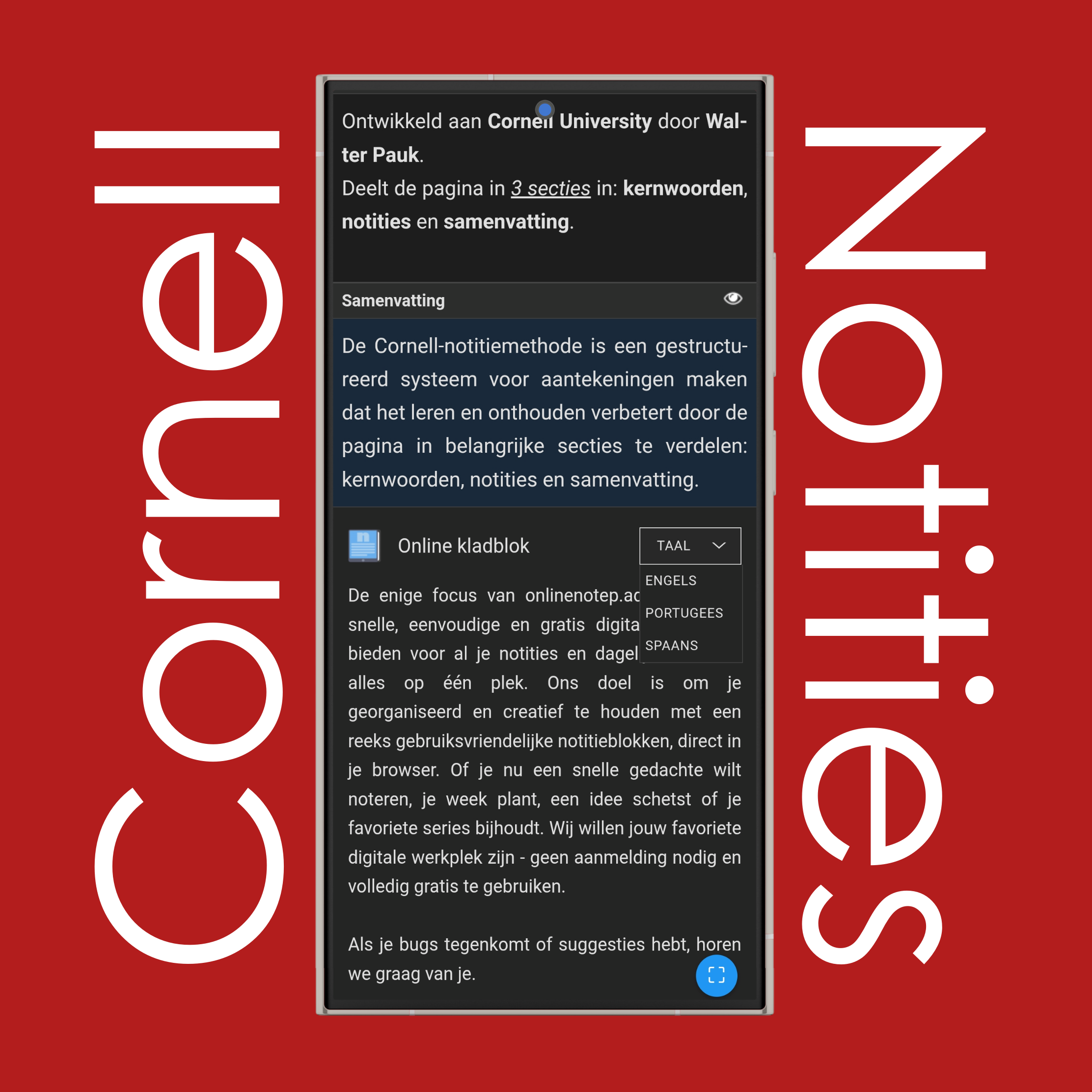 Taalinstellingen voor Cornell-notities