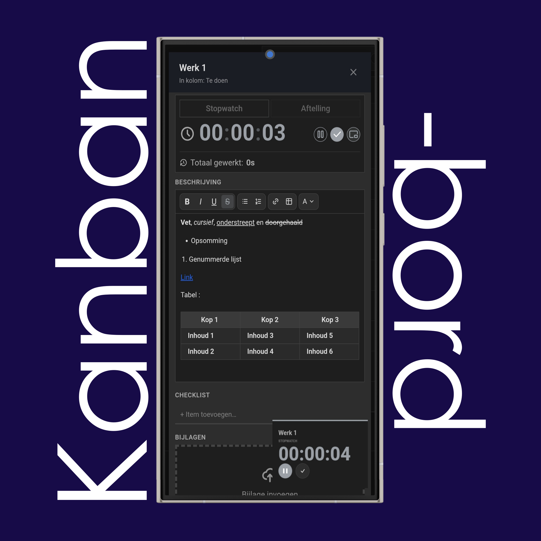Timer van het kanbanbord in beeld-in-beeld-modus