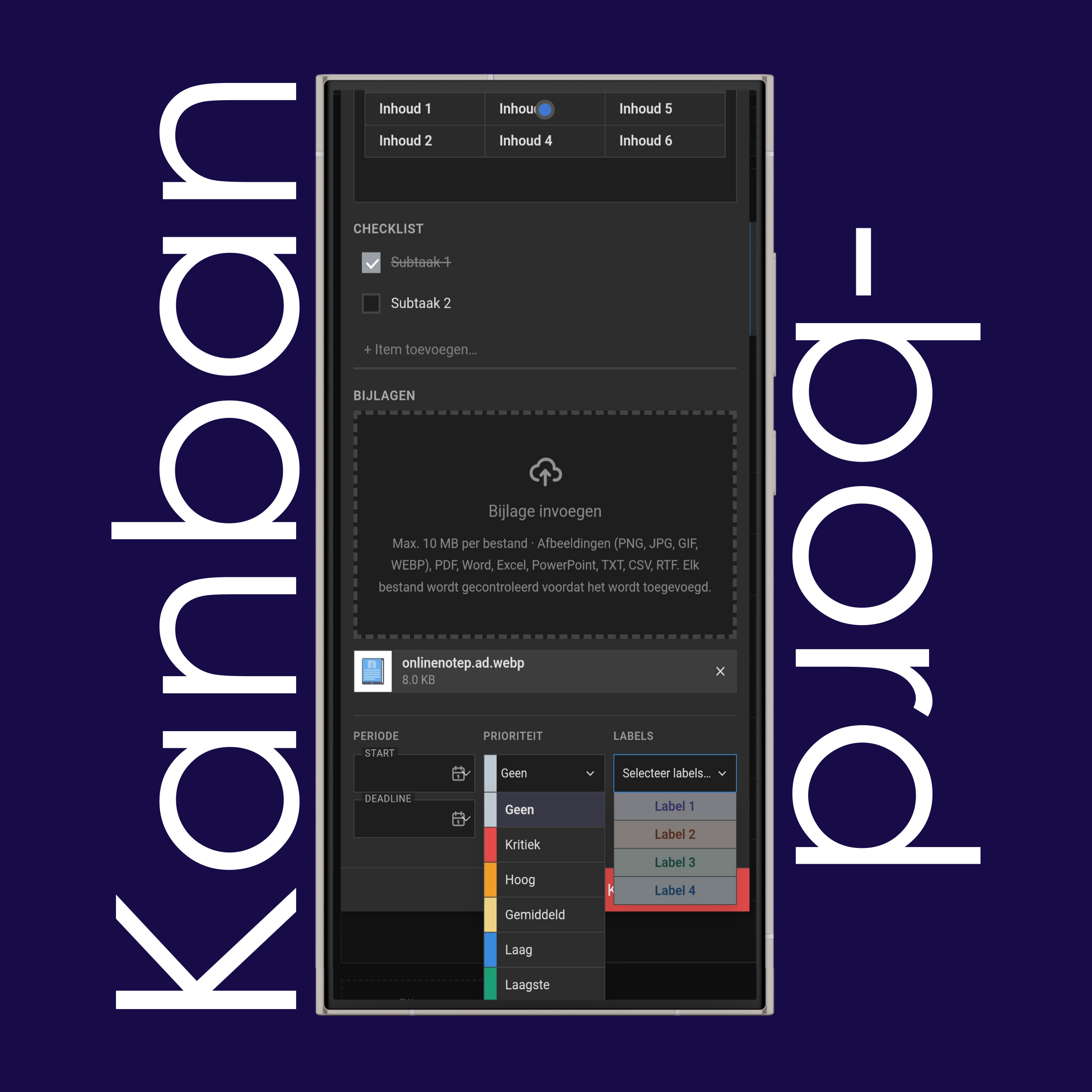 Kaarteditor van het kanbanbord: bijlagen, deadline, prioriteit en labels
