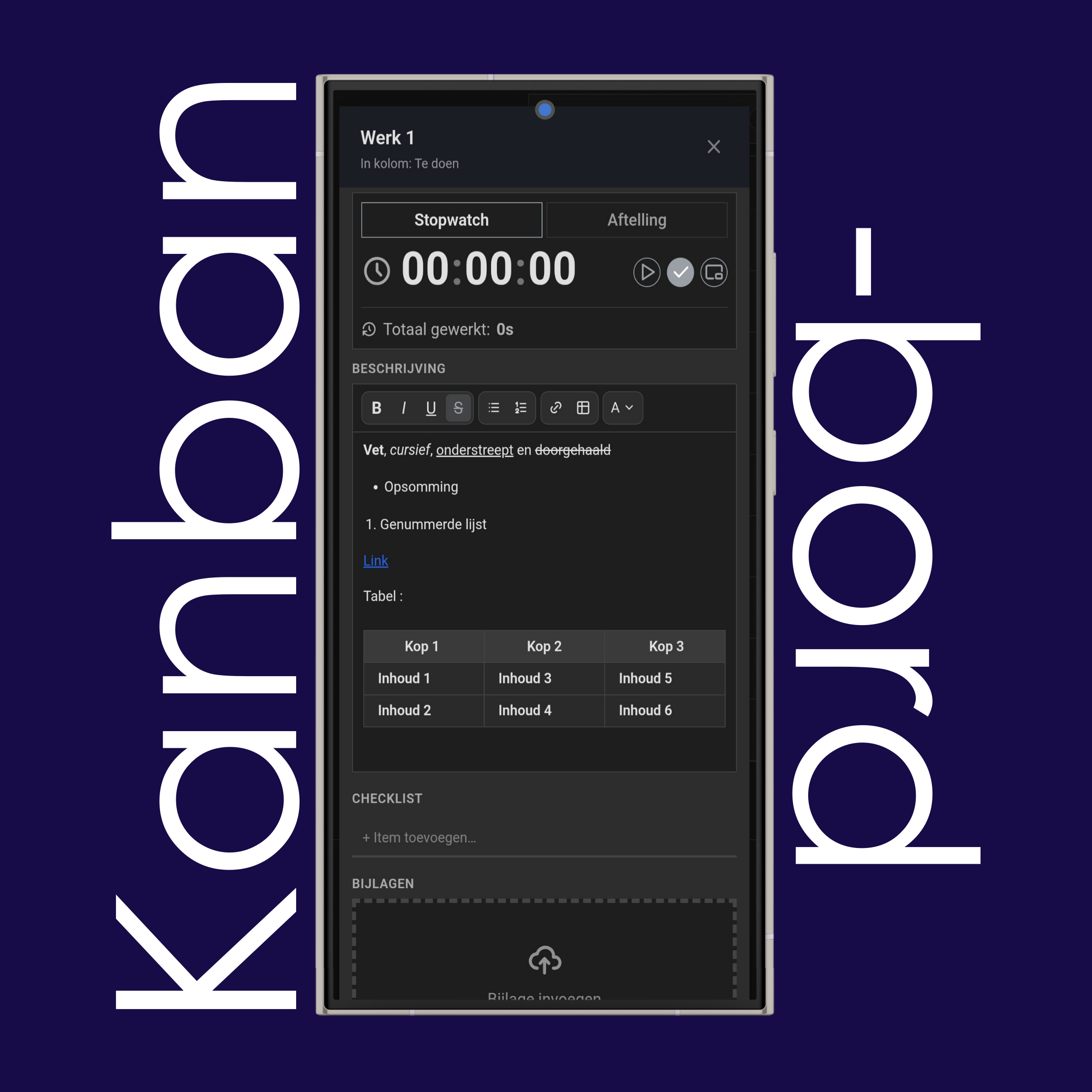 Kaarteditor van het kanbanbord: hernoemen, stopwatch, aftelling, teksteditor en checklist