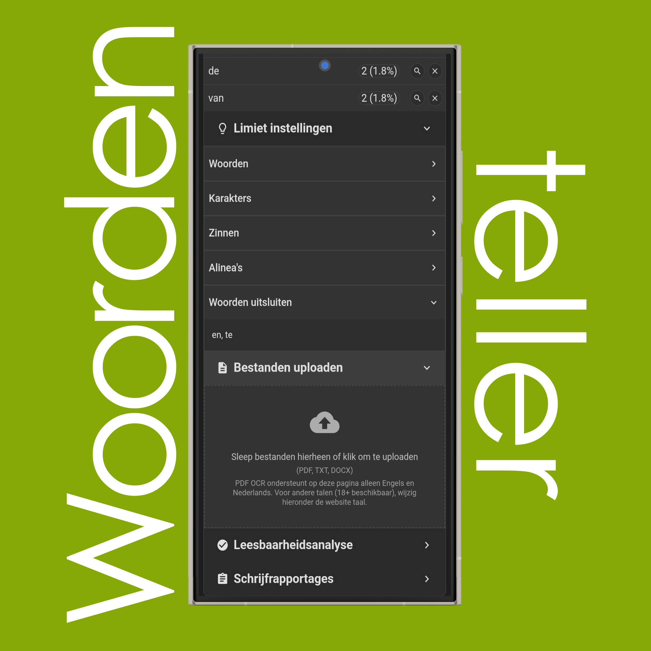 Bestand uploaden (PDF, TXT, DOCX) om woorden en karakters te tellen