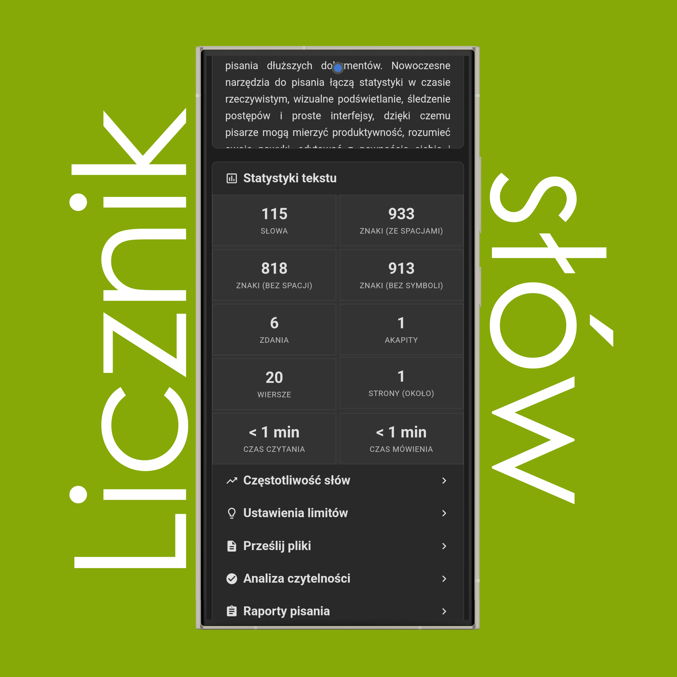 Zaawansowane statystyki licznika słów (znaki bez spacji/symboli, wiersze, strony, czas czytania i mówienia)