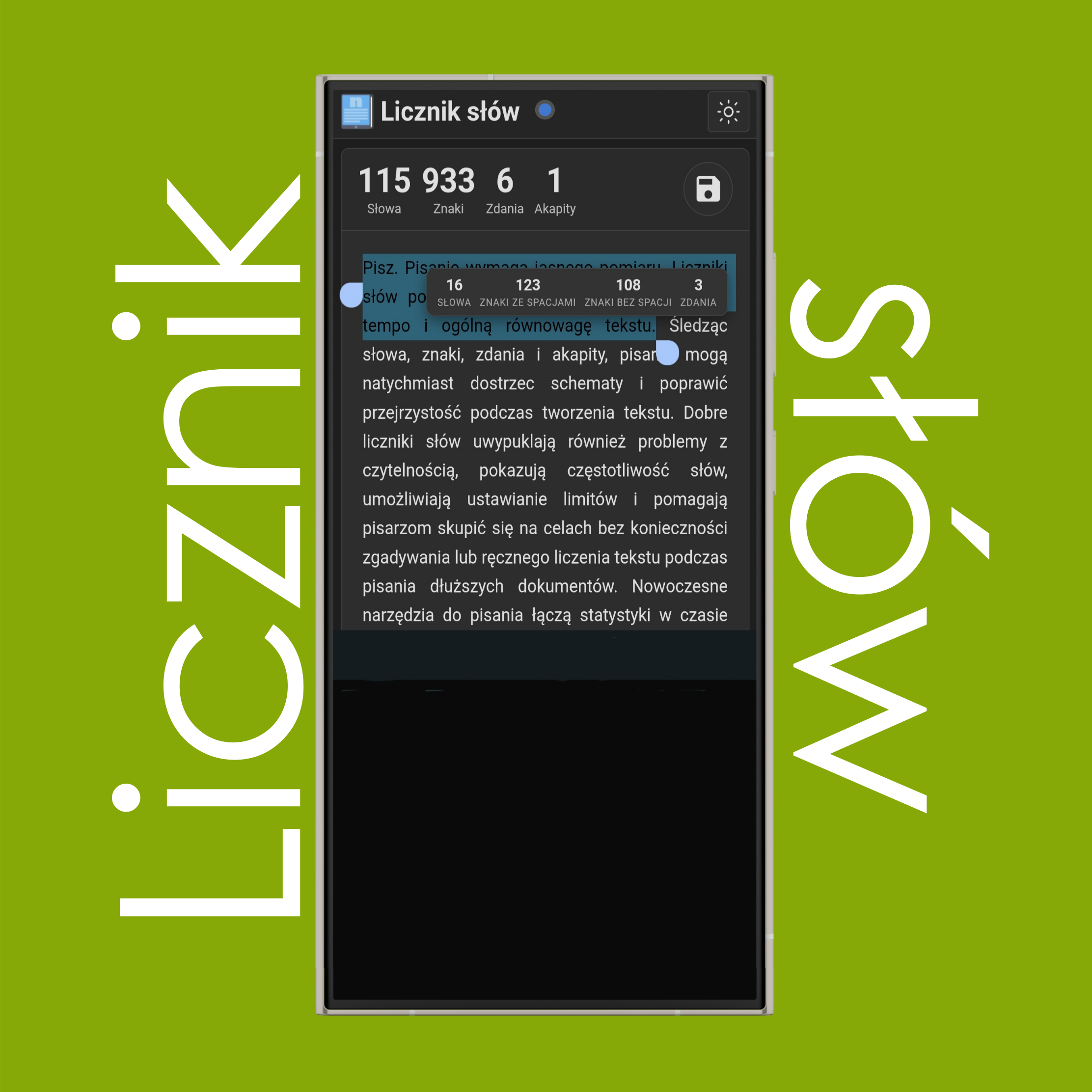 Liczba słów, znaków (ze spacjami i bez) oraz zdań dla zaznaczonego tekstu