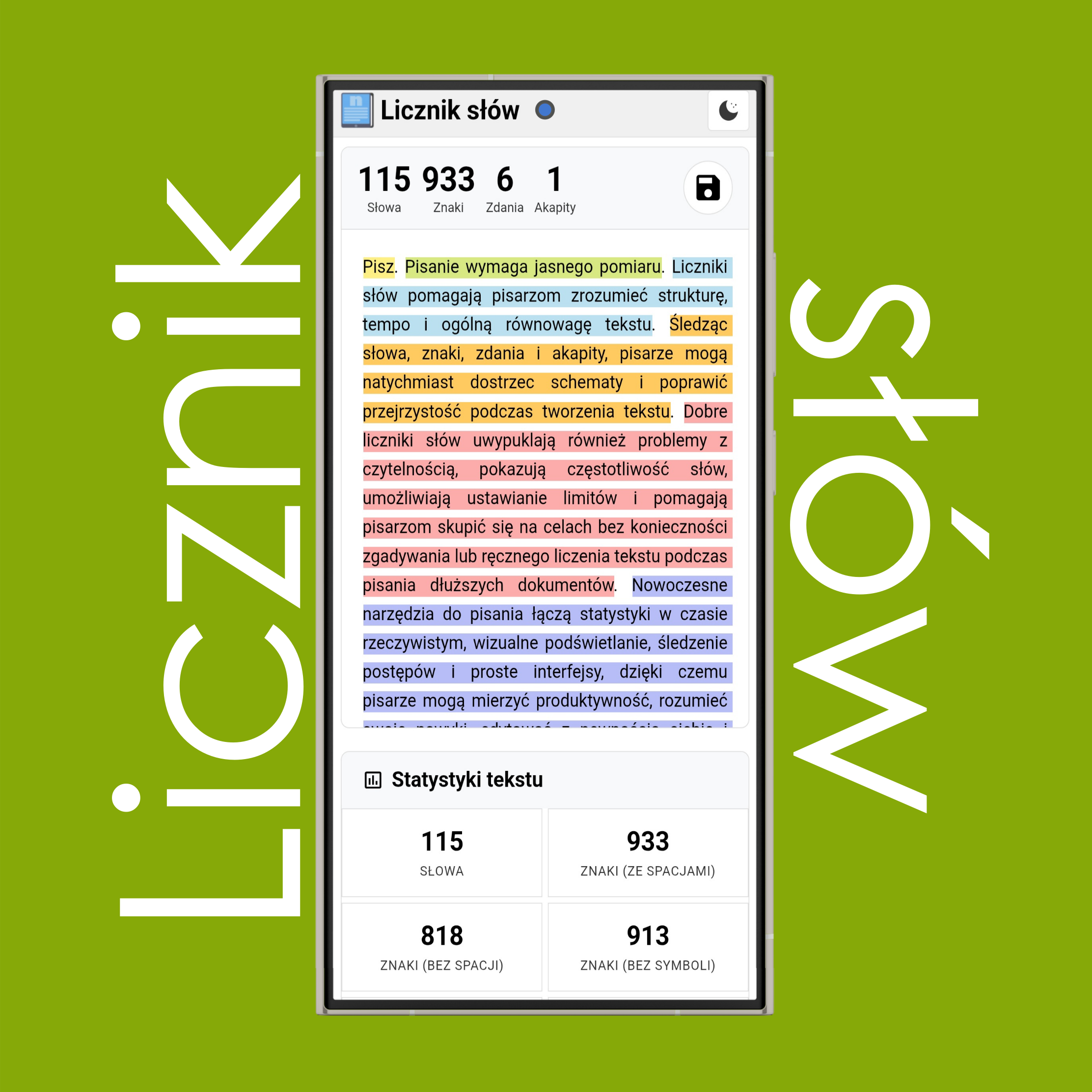 Licznik słów – tryb jasny i ciemny