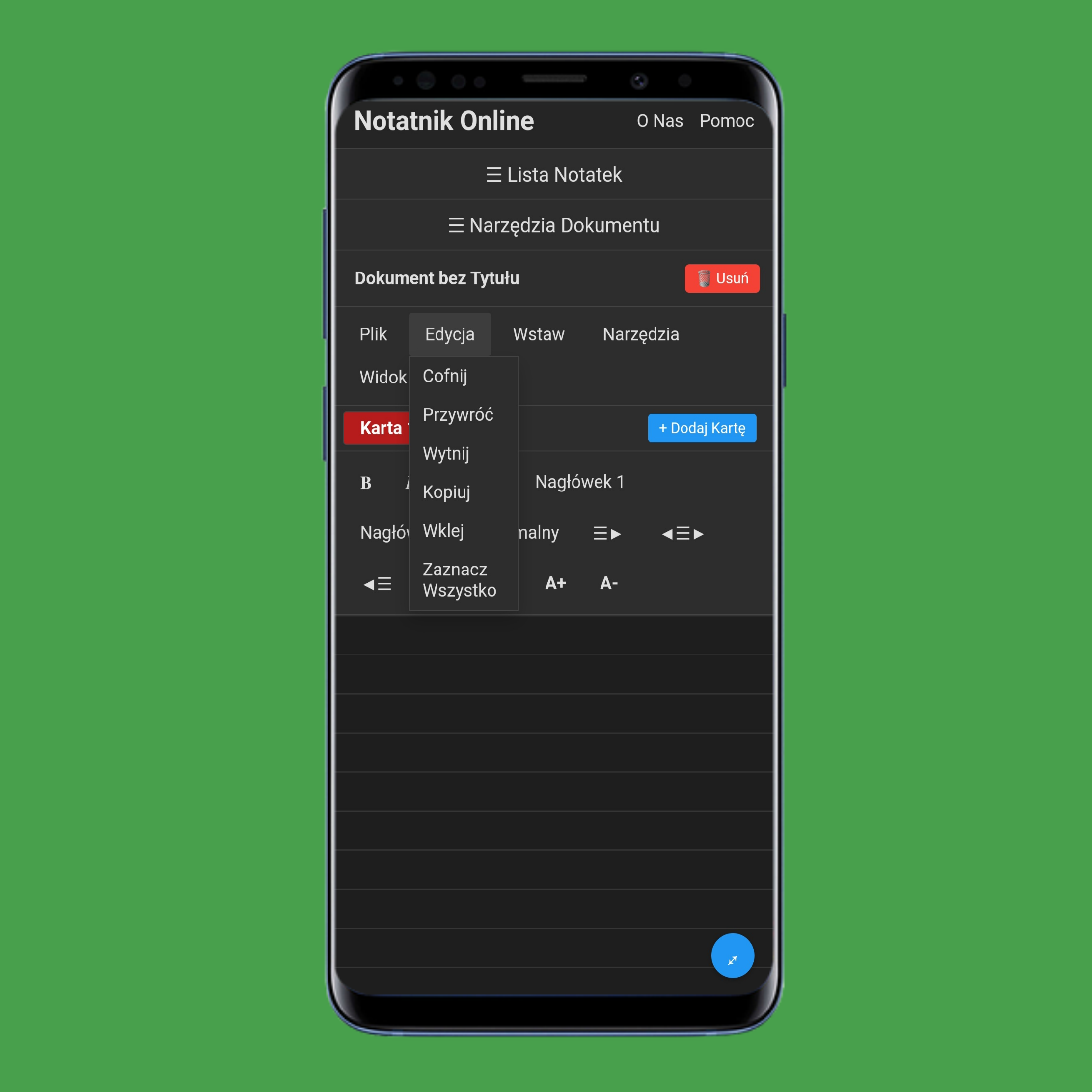 Menu Edycja w onlinenotep.ad