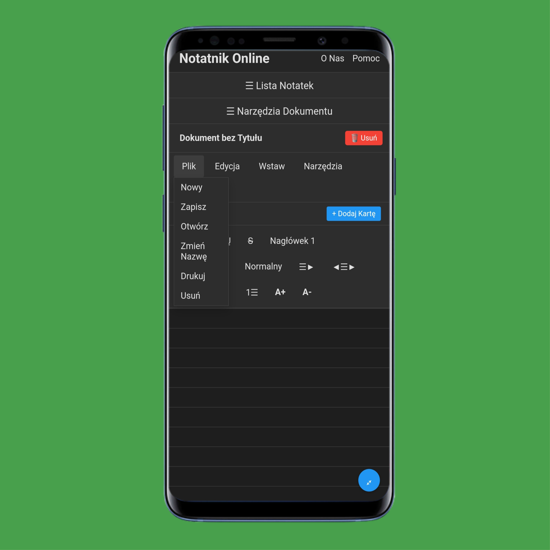 Menu Plik w onlinenotep.ad