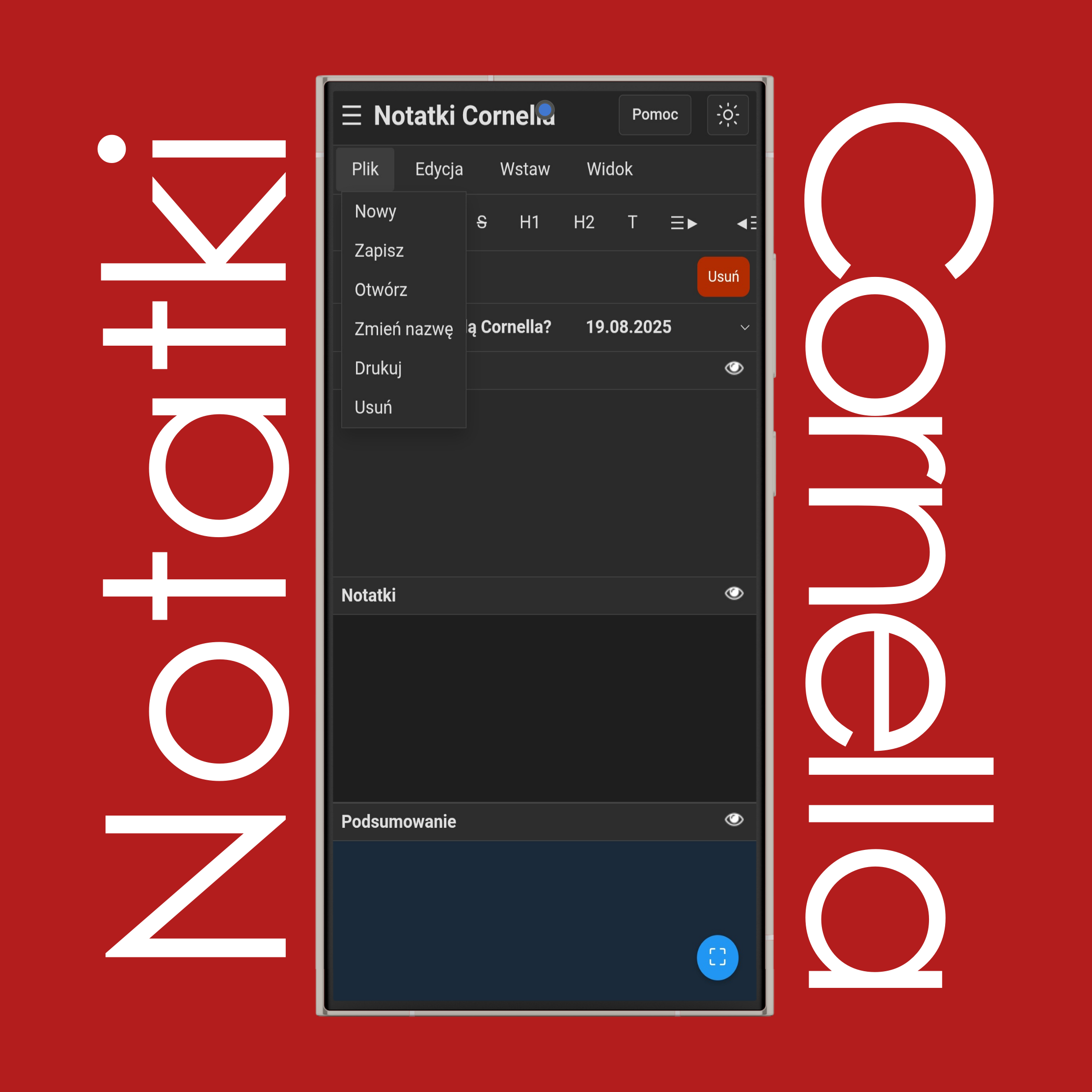 Menu Plik notatek Cornella