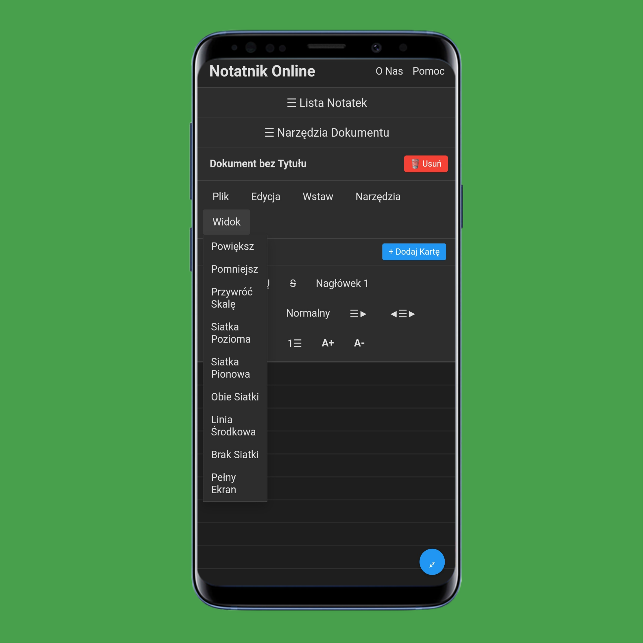 Menu Widok w onlinenotep.ad