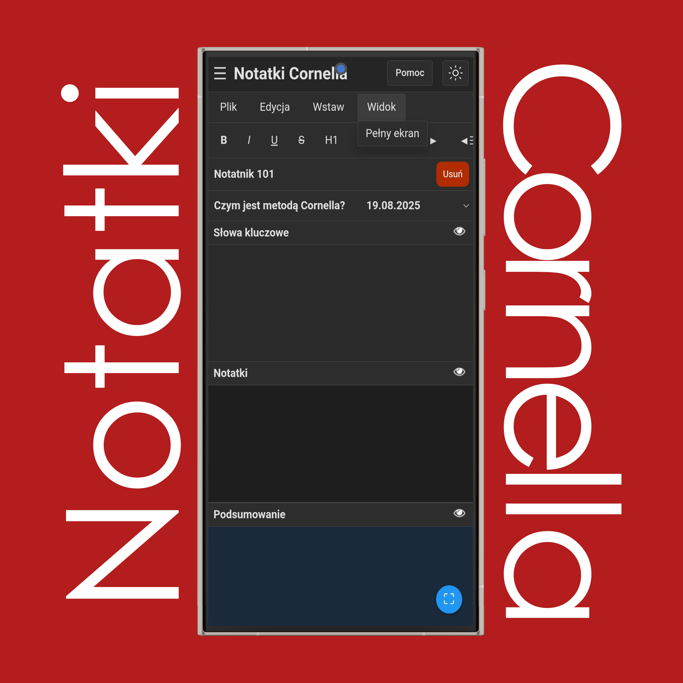 Menu Widok notatek Cornella
