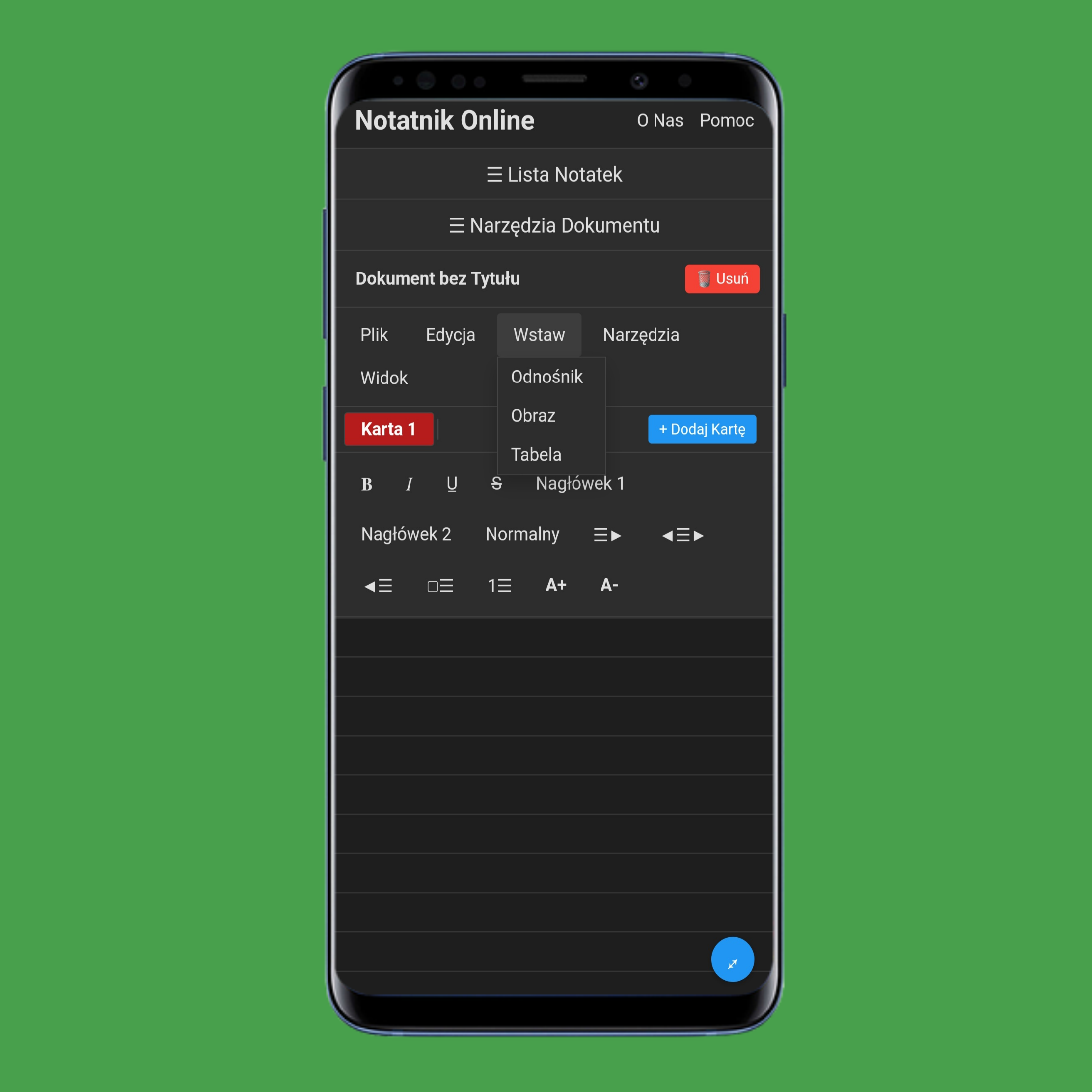 Menu Wstaw w onlinenotep.ad