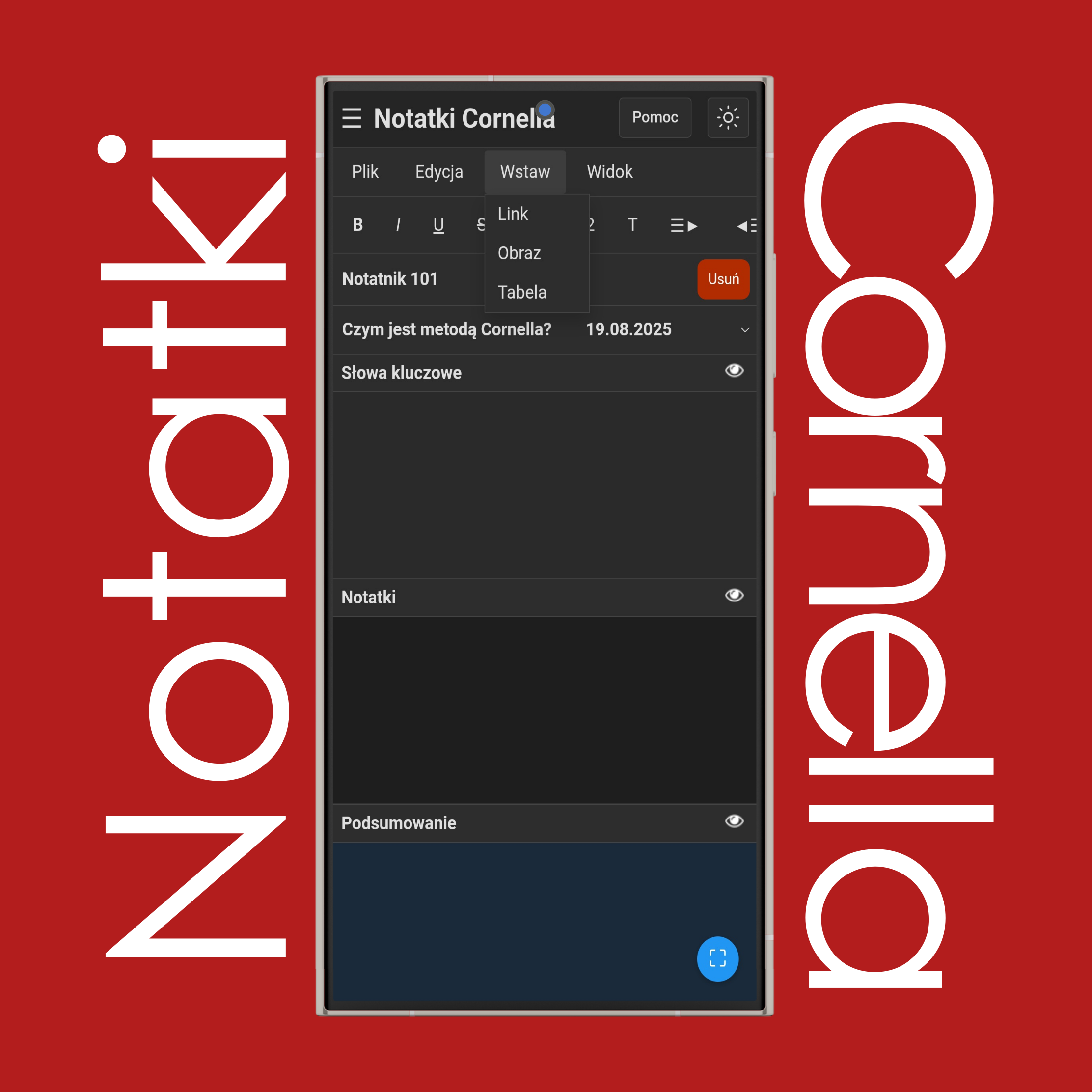 Menu Wstaw notatek Cornella