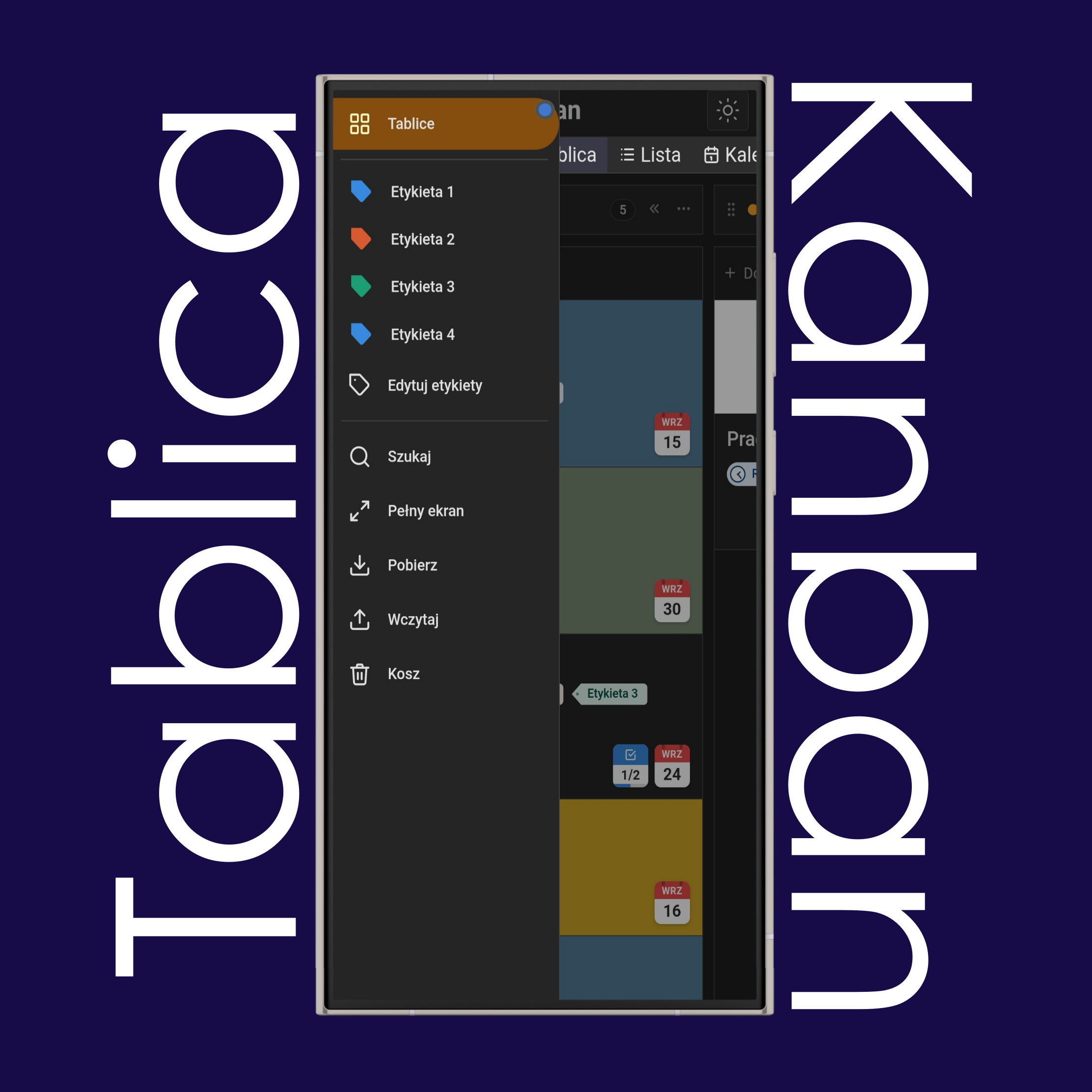 Panel boczny tablicy Kanban