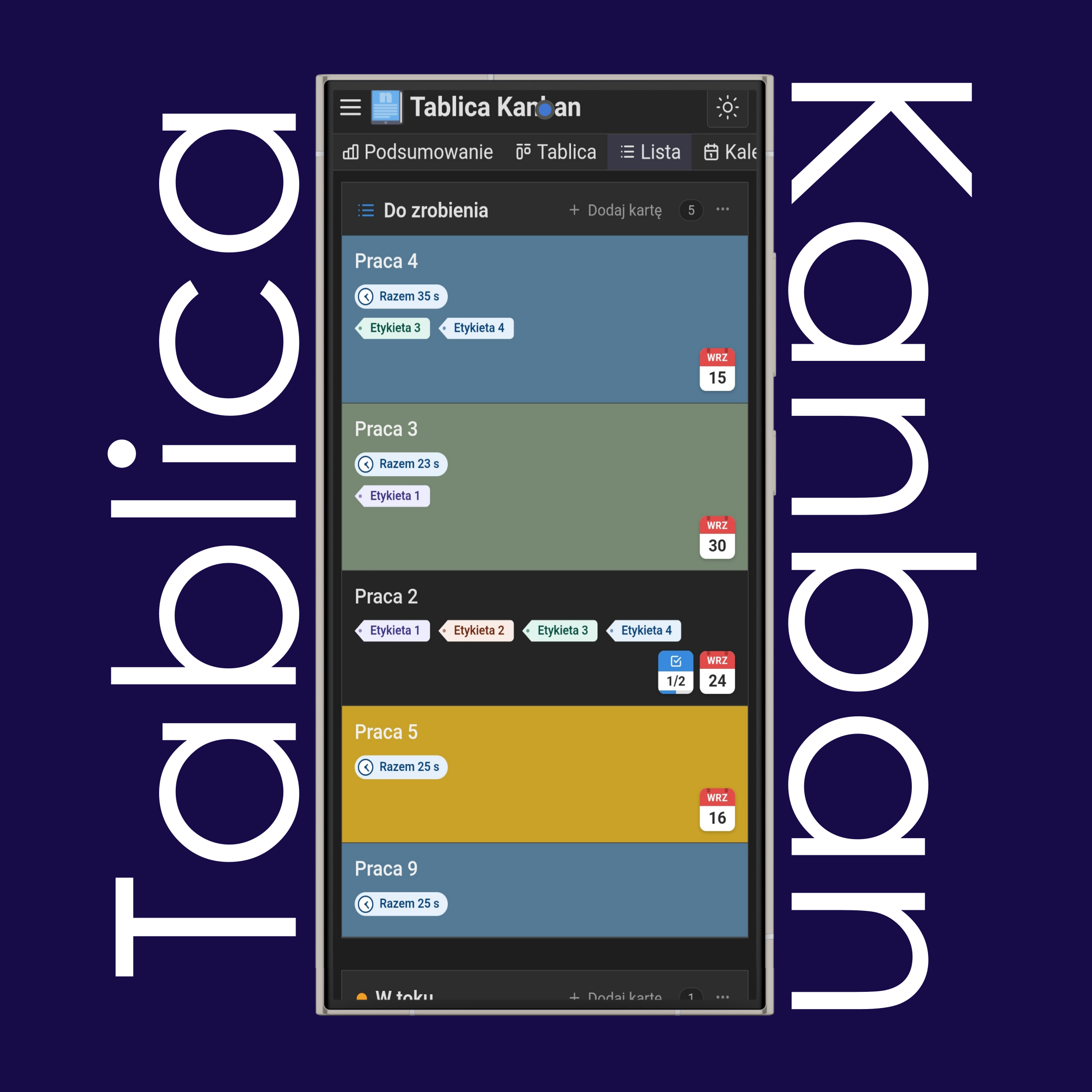Widok listy i kalendarza Kanban