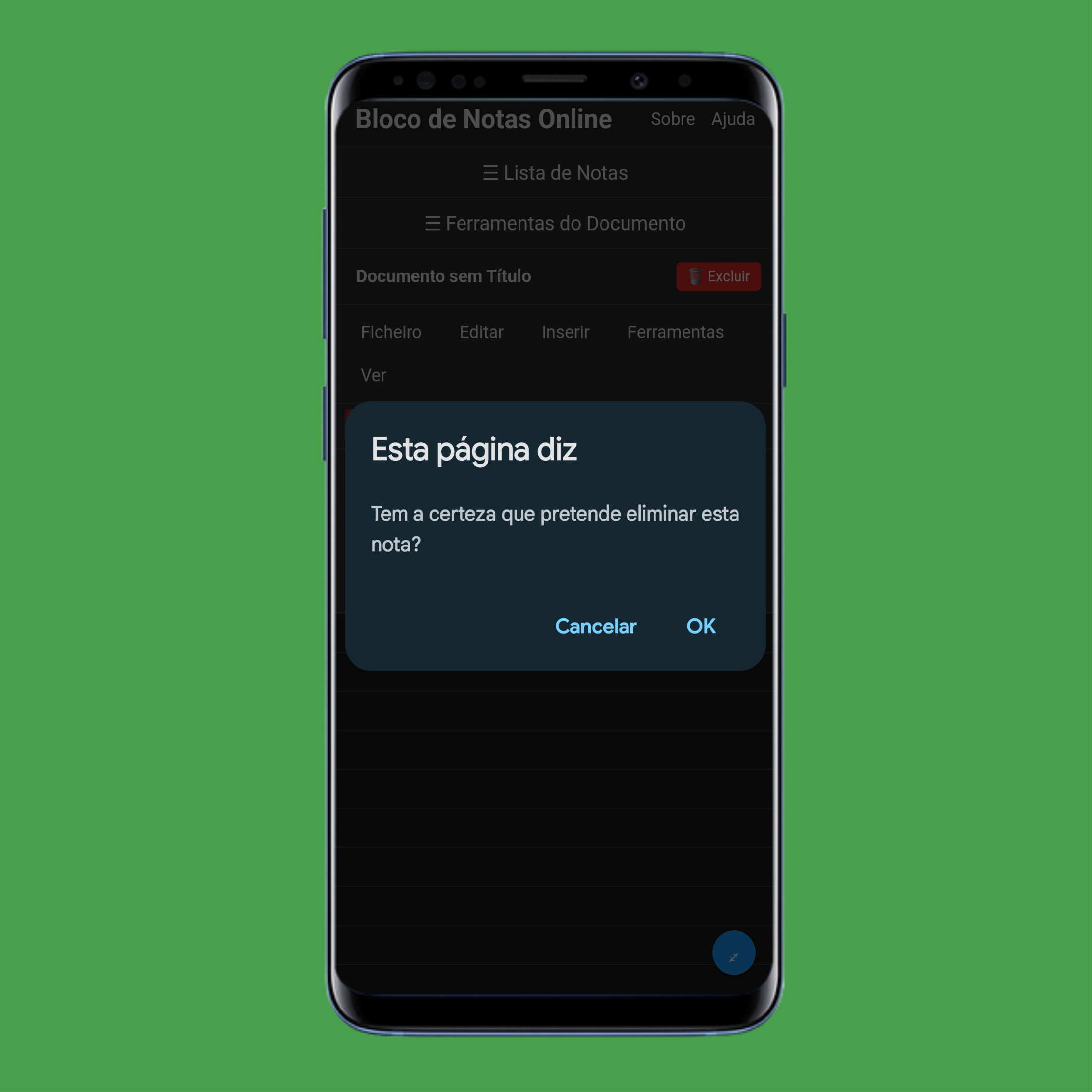 Alerta de Confirmação para Eliminar Nota no onlinenotep.ad