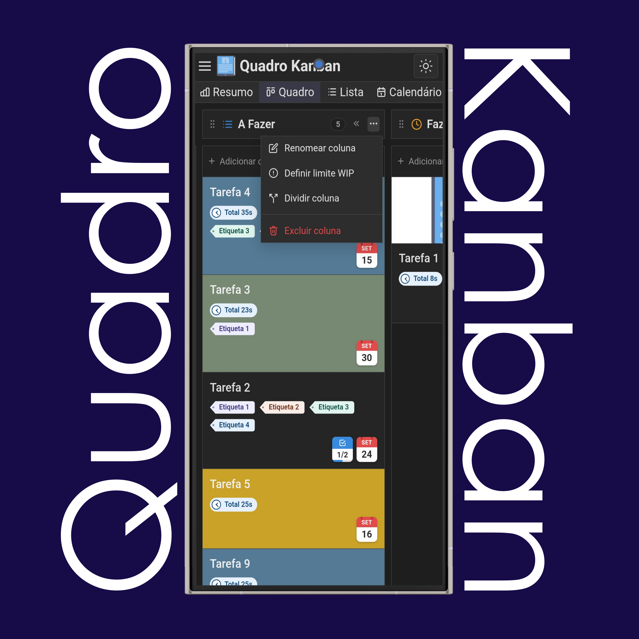 Configurações de coluna do quadro Kanban