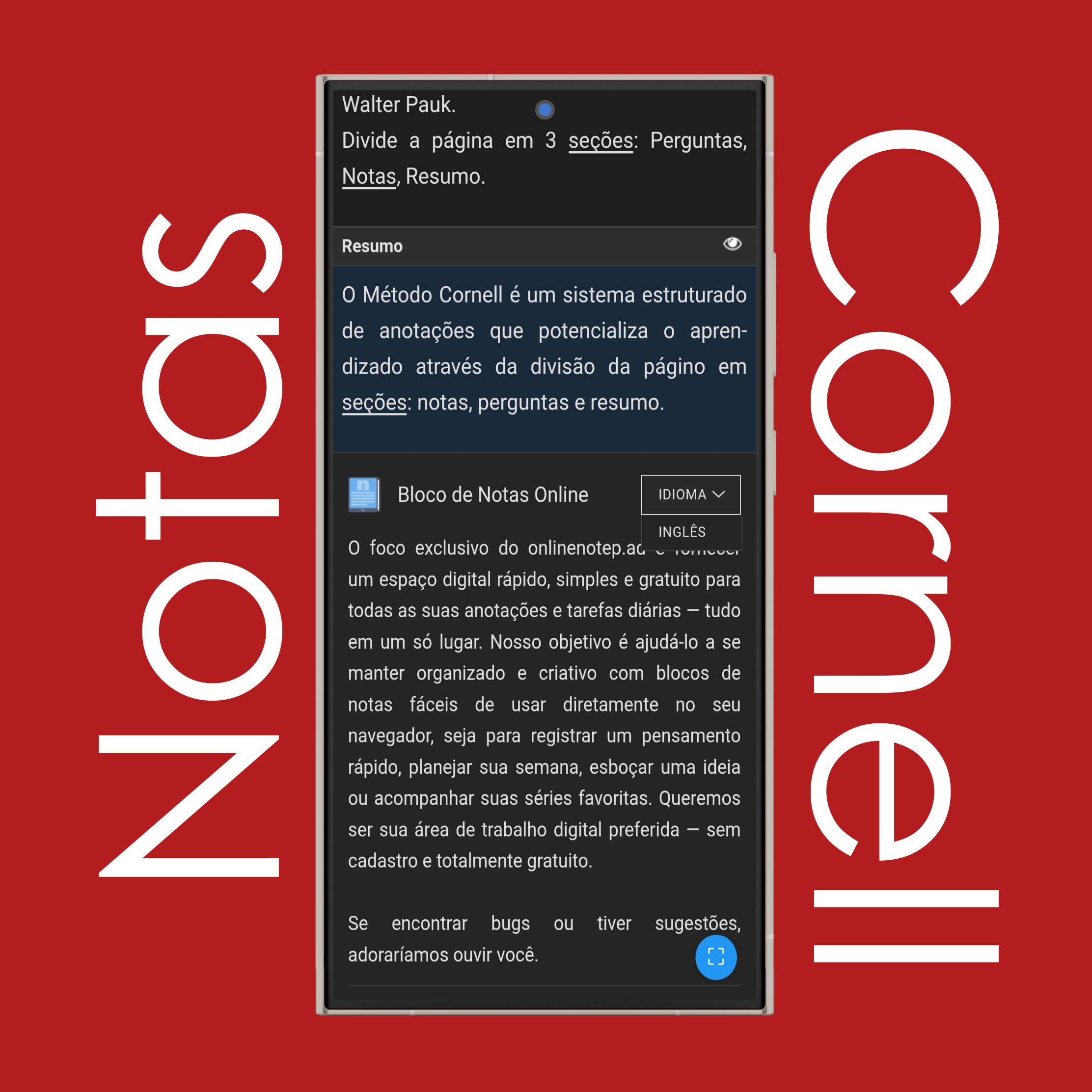 Configurações de Idioma das Notas Cornell