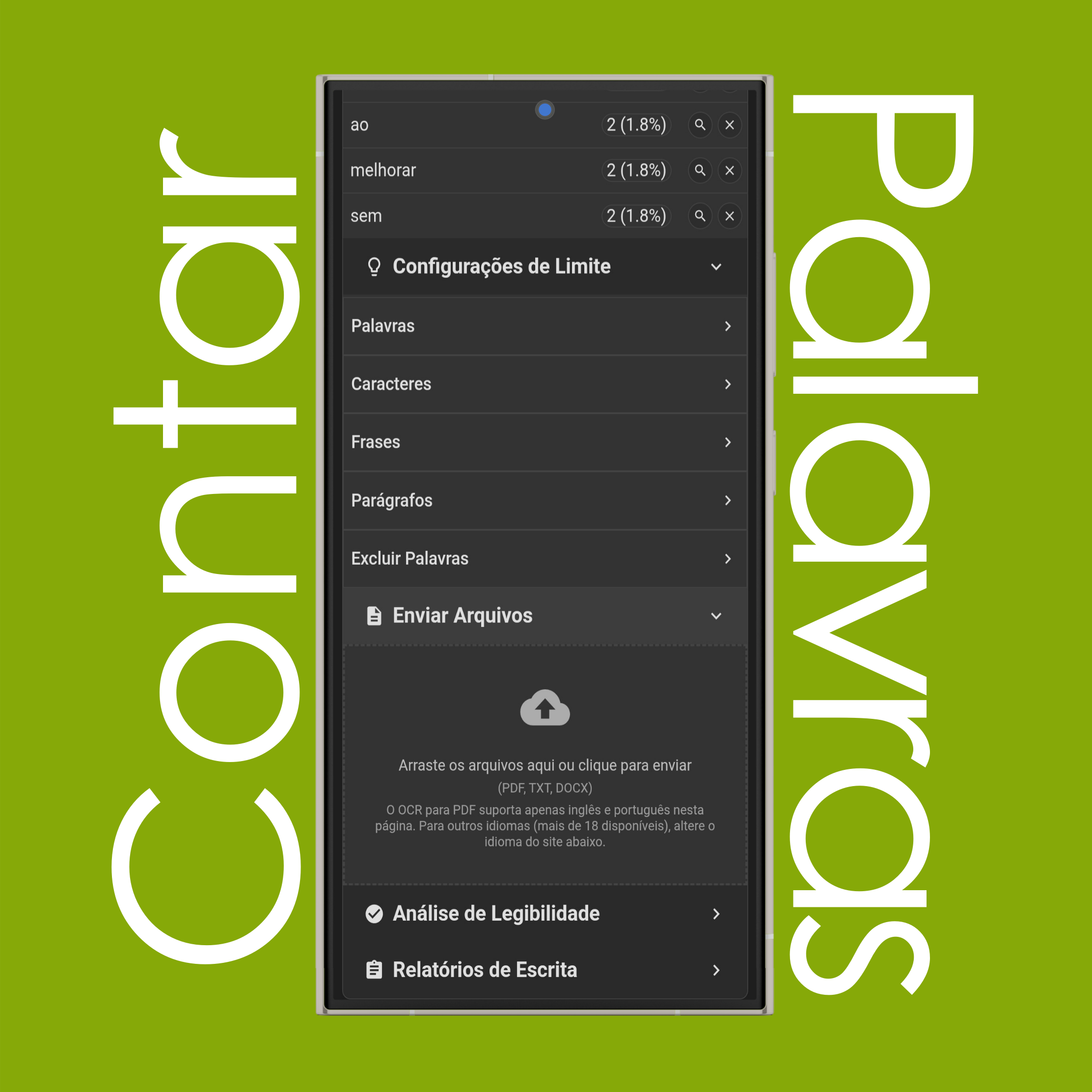 Enviar Arquivo (PDF, TXT, DOCX) para Contar Palavras e Caracteres