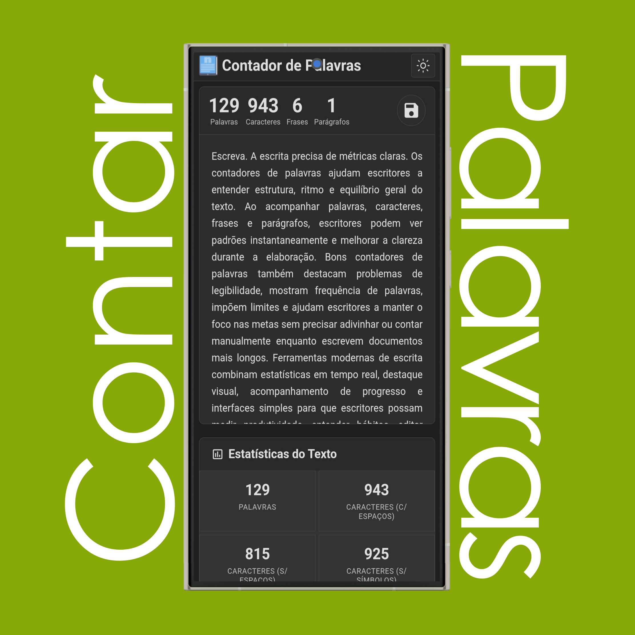 Área de Texto do Contador e Estatísticas Básicas (Palavras, Caracteres, Frases e Parágrafos)