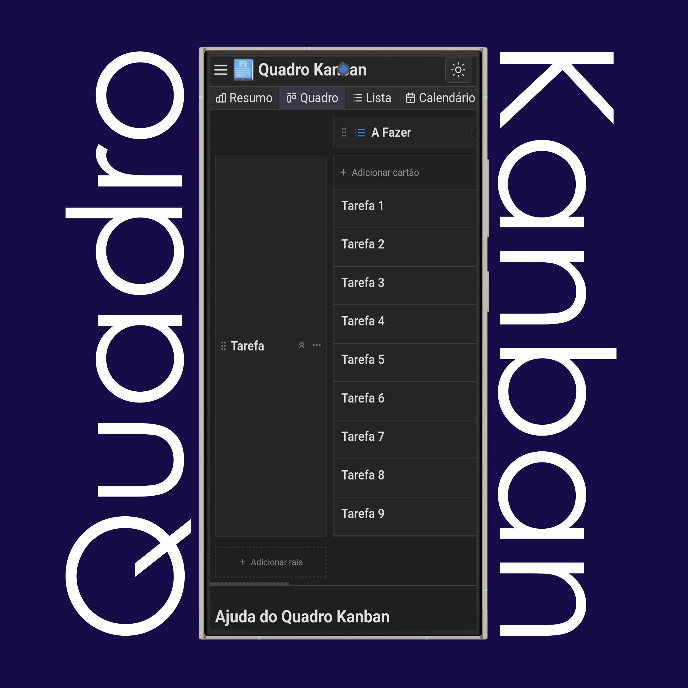 Quadros, raias e cartões Kanban