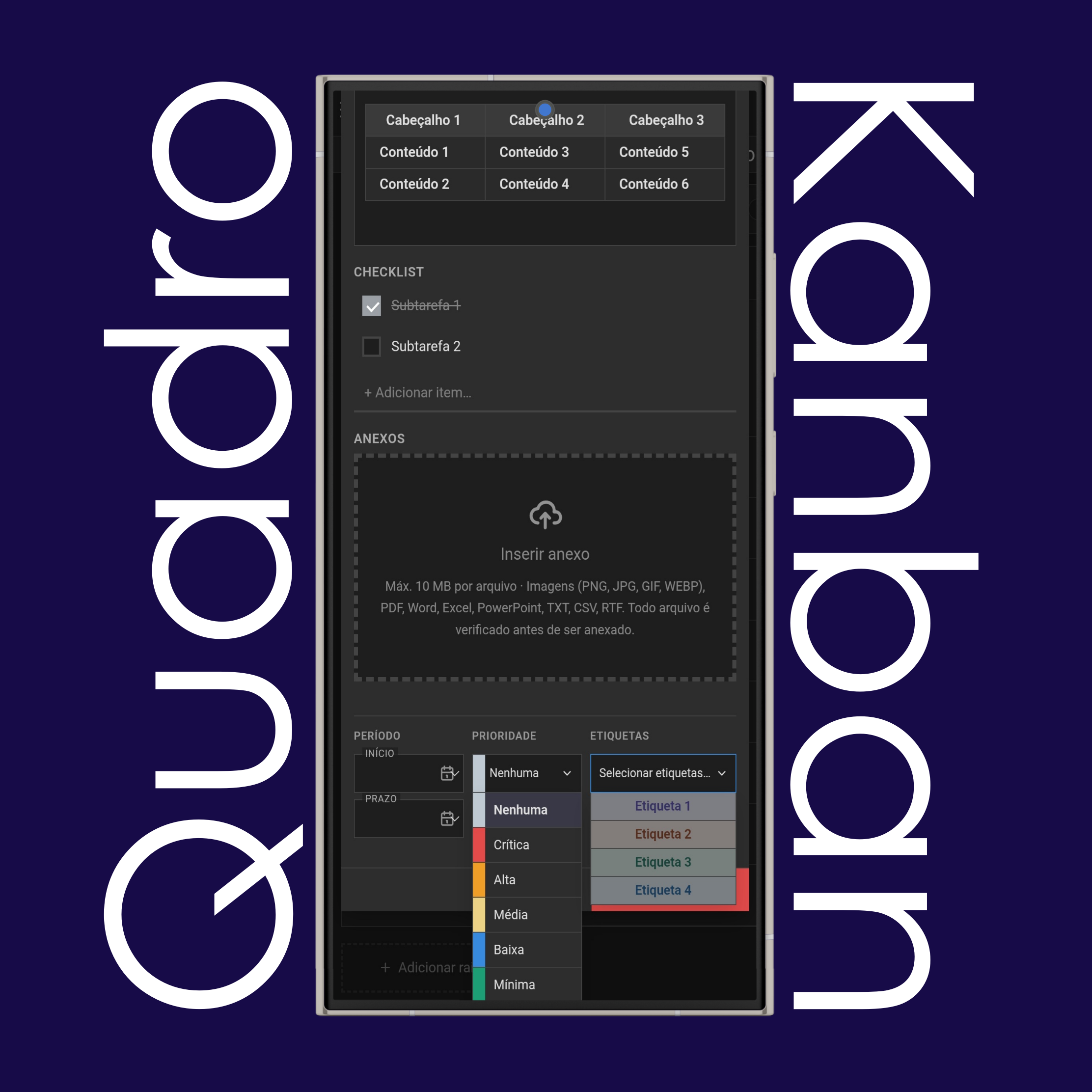 Editor de cartão Kanban: anexos, prazo, prioridade e etiquetas