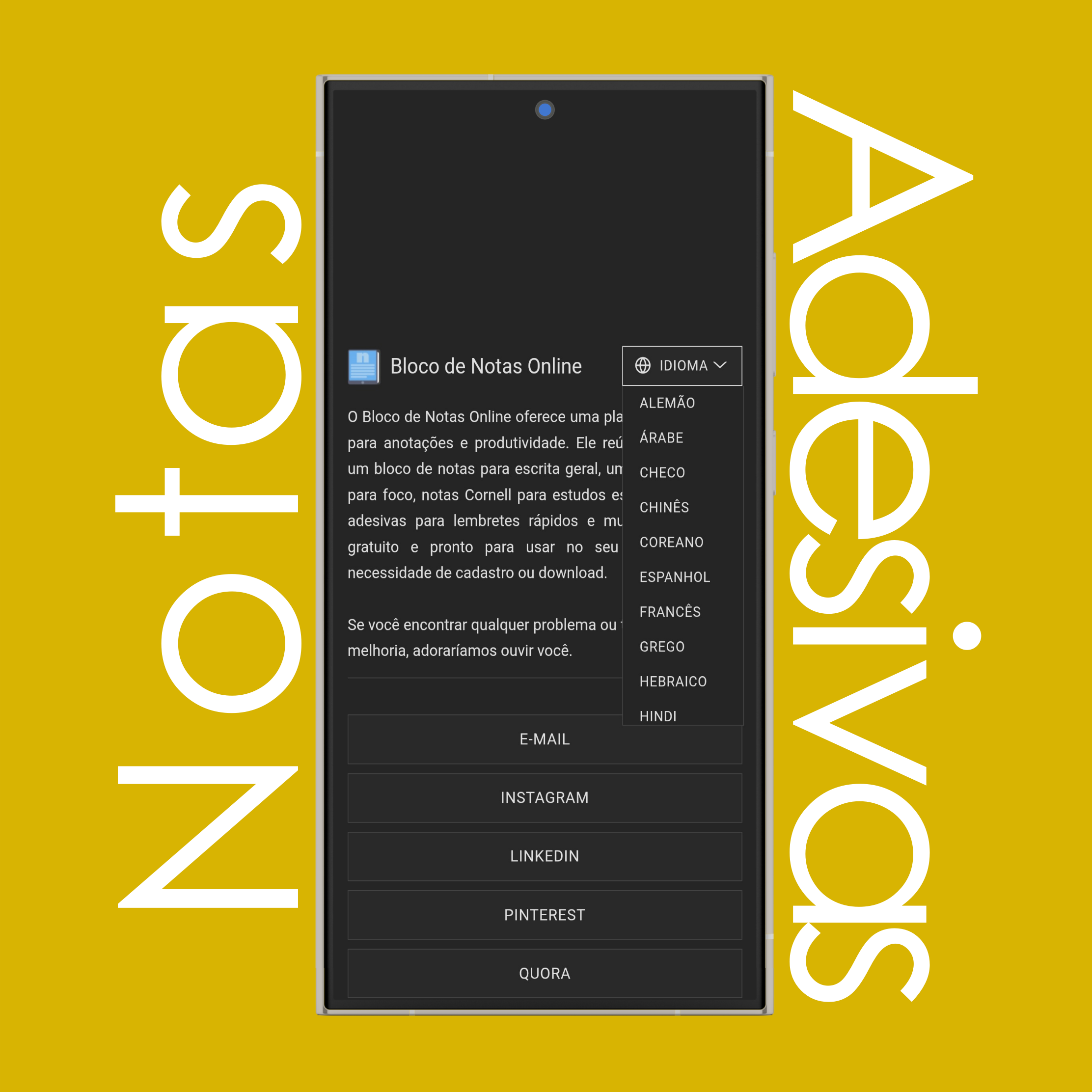 Idiomas das Notas Adesivas