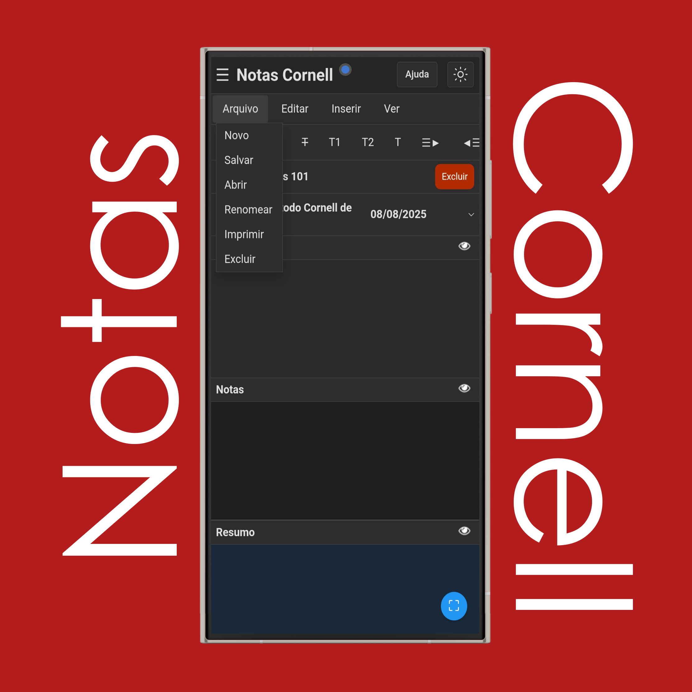 Menu Arquivo de Notas Cornell