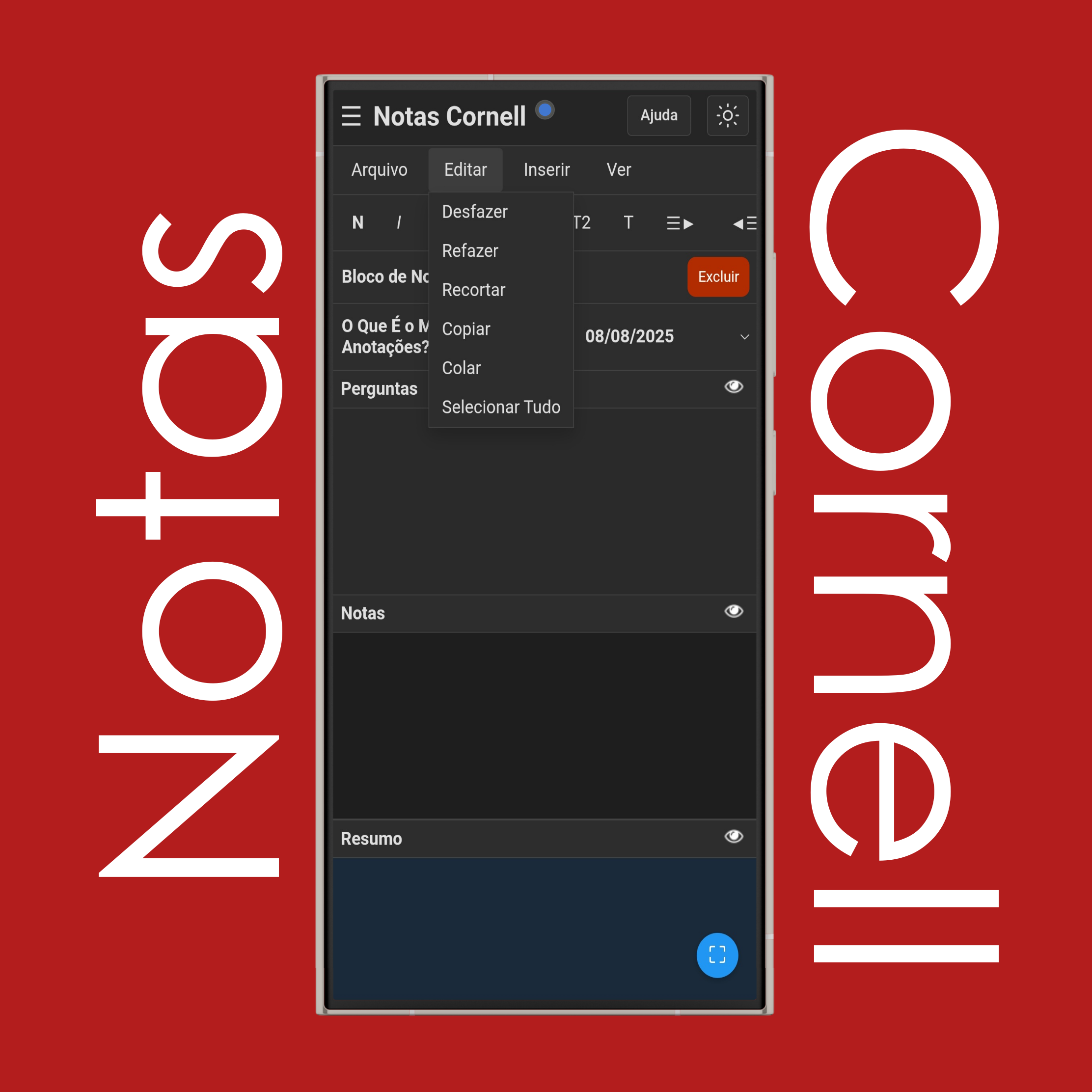 Menu Editar de Notas Cornell