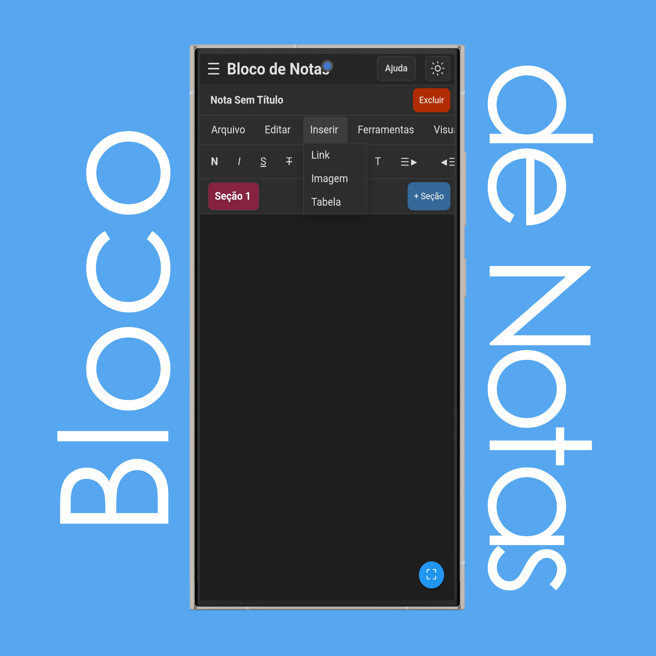 Menu Inserir do Bloco de Notas