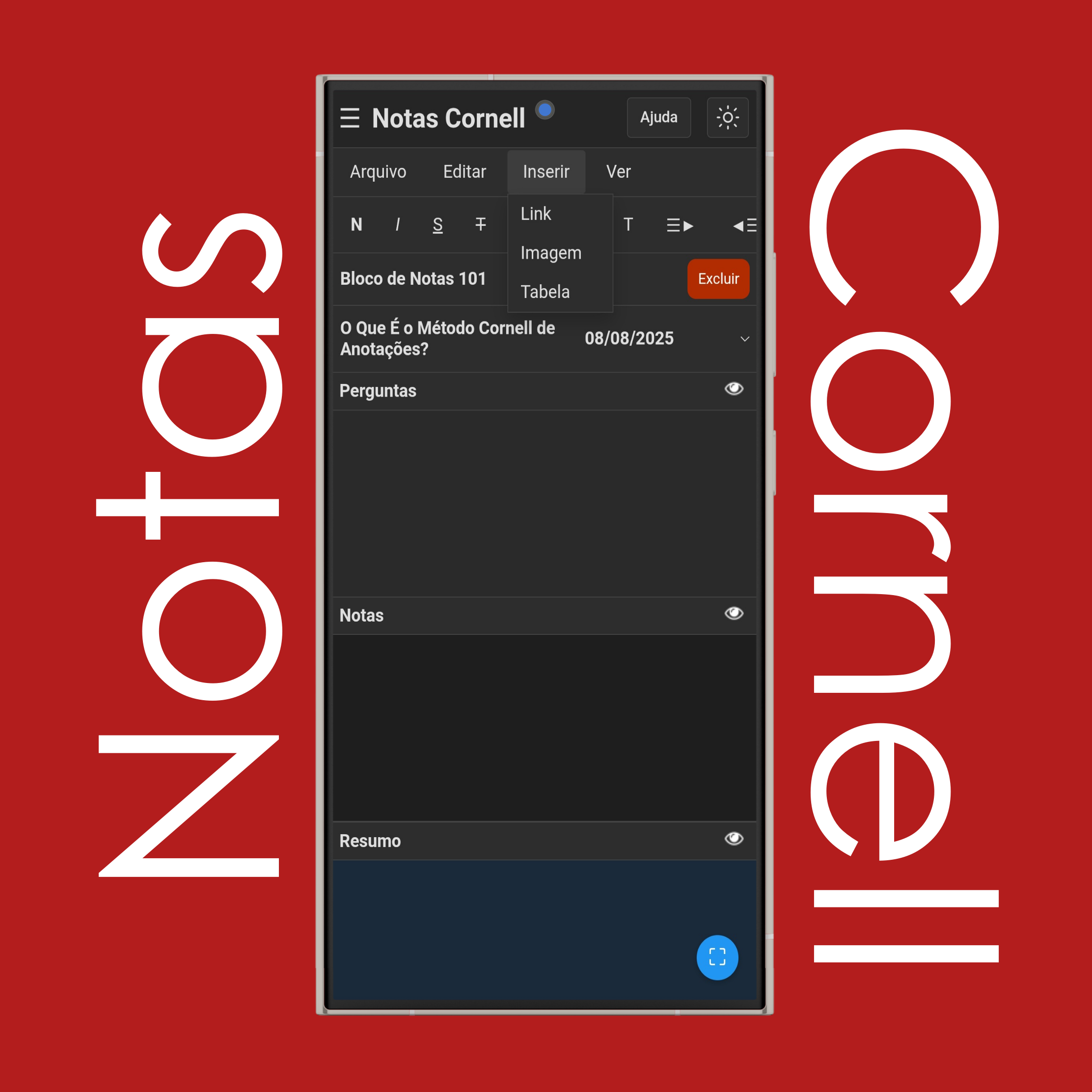 Menu Inserir de Notas Cornell