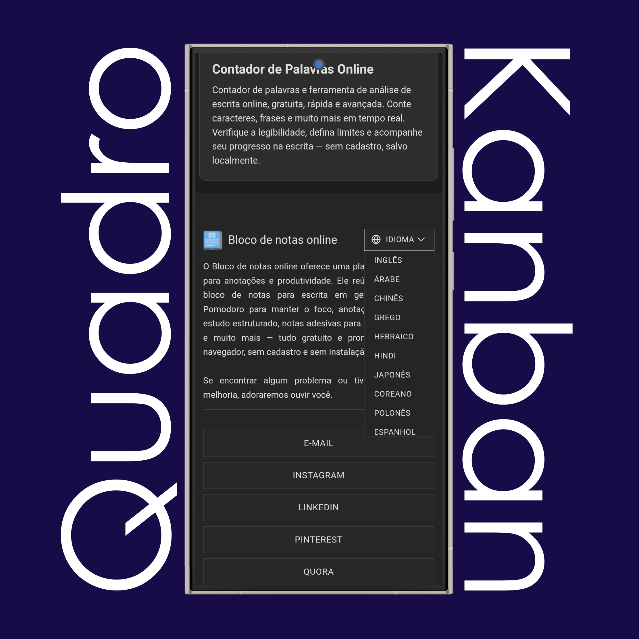 Opções de idioma do quadro Kanban