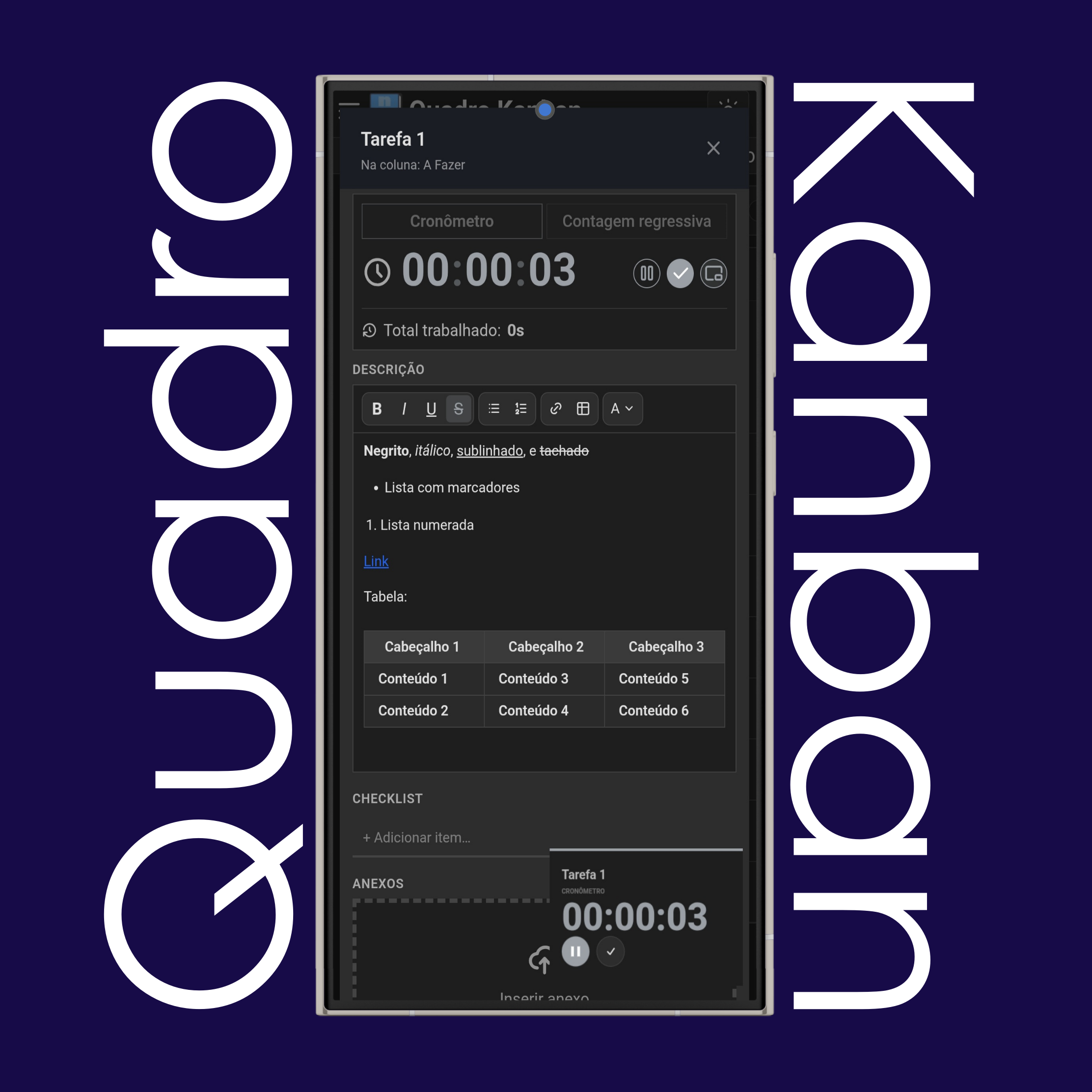 Temporizador do quadro Kanban no modo Picture-in-Picture