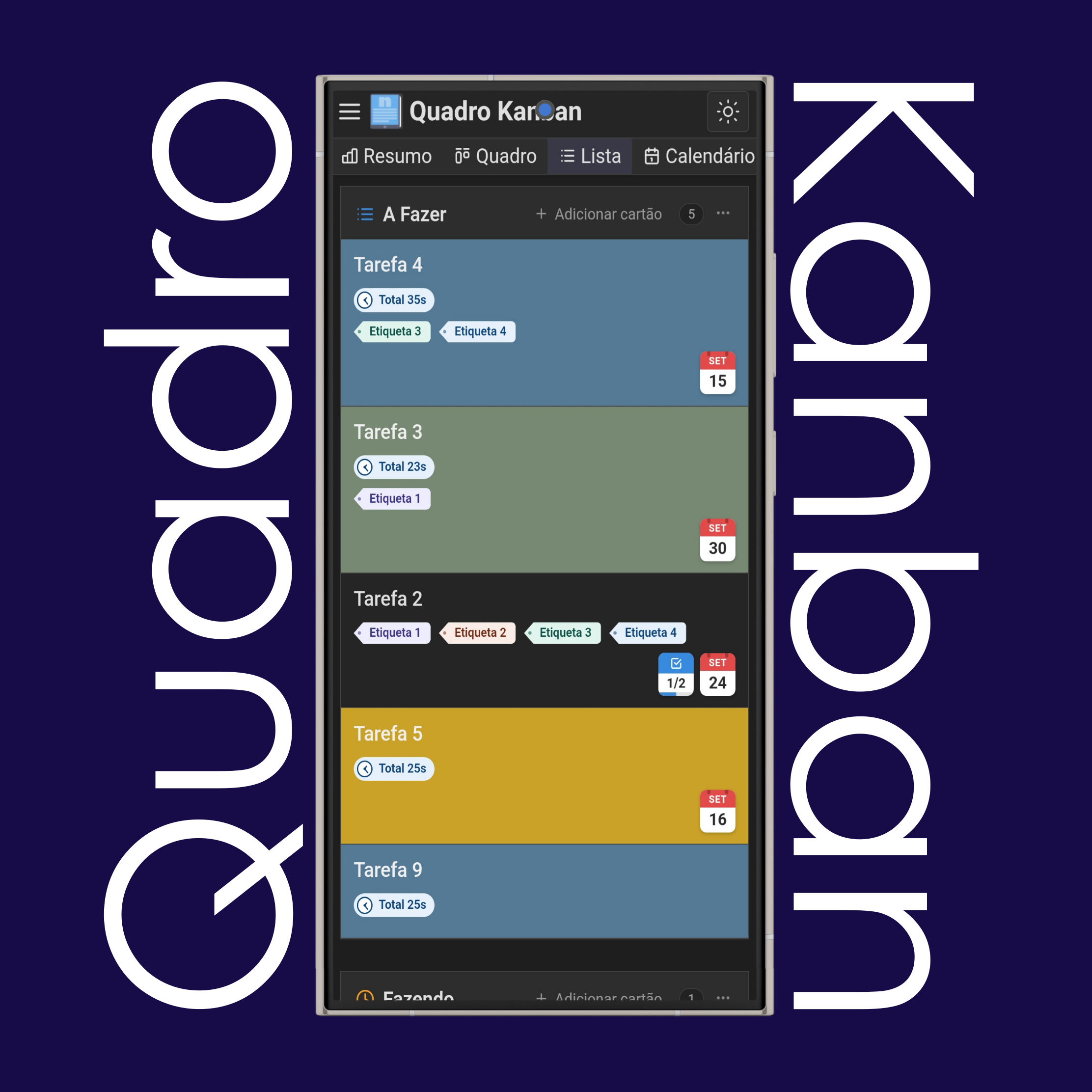 Visualização em lista e calendário do Kanban