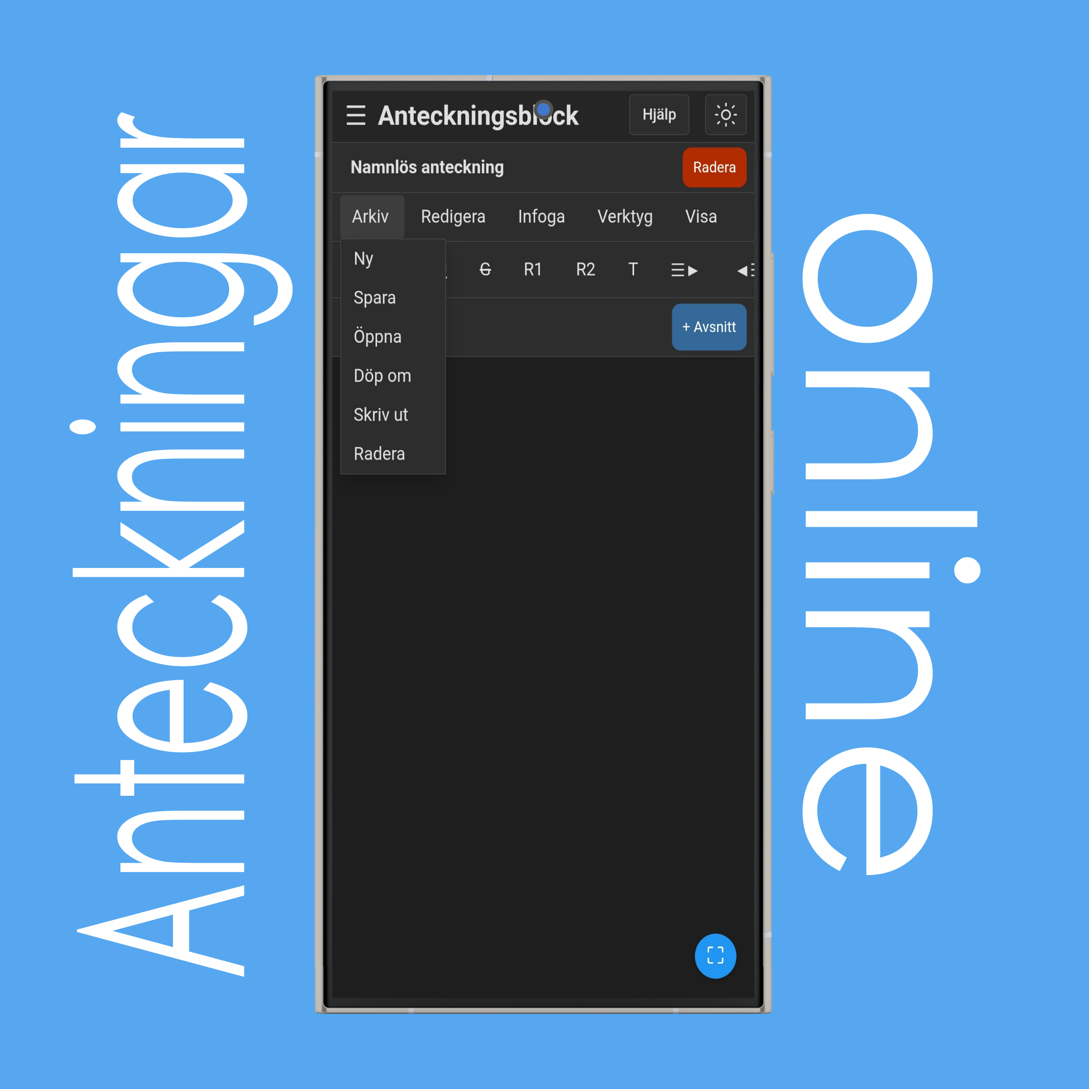 Anteckningsblock: Arkiv-menyn