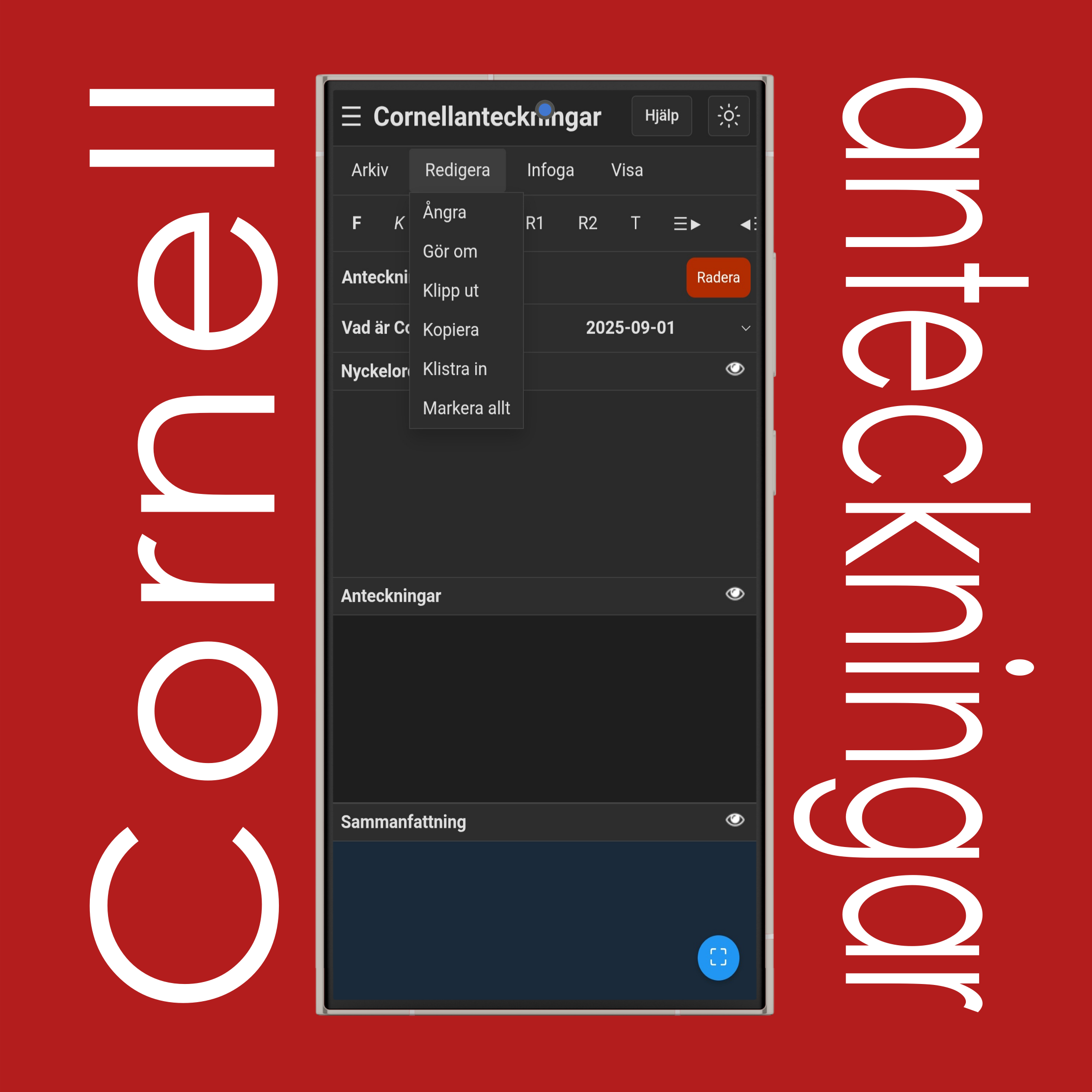 Cornellanteckningar: Redigera-menyn