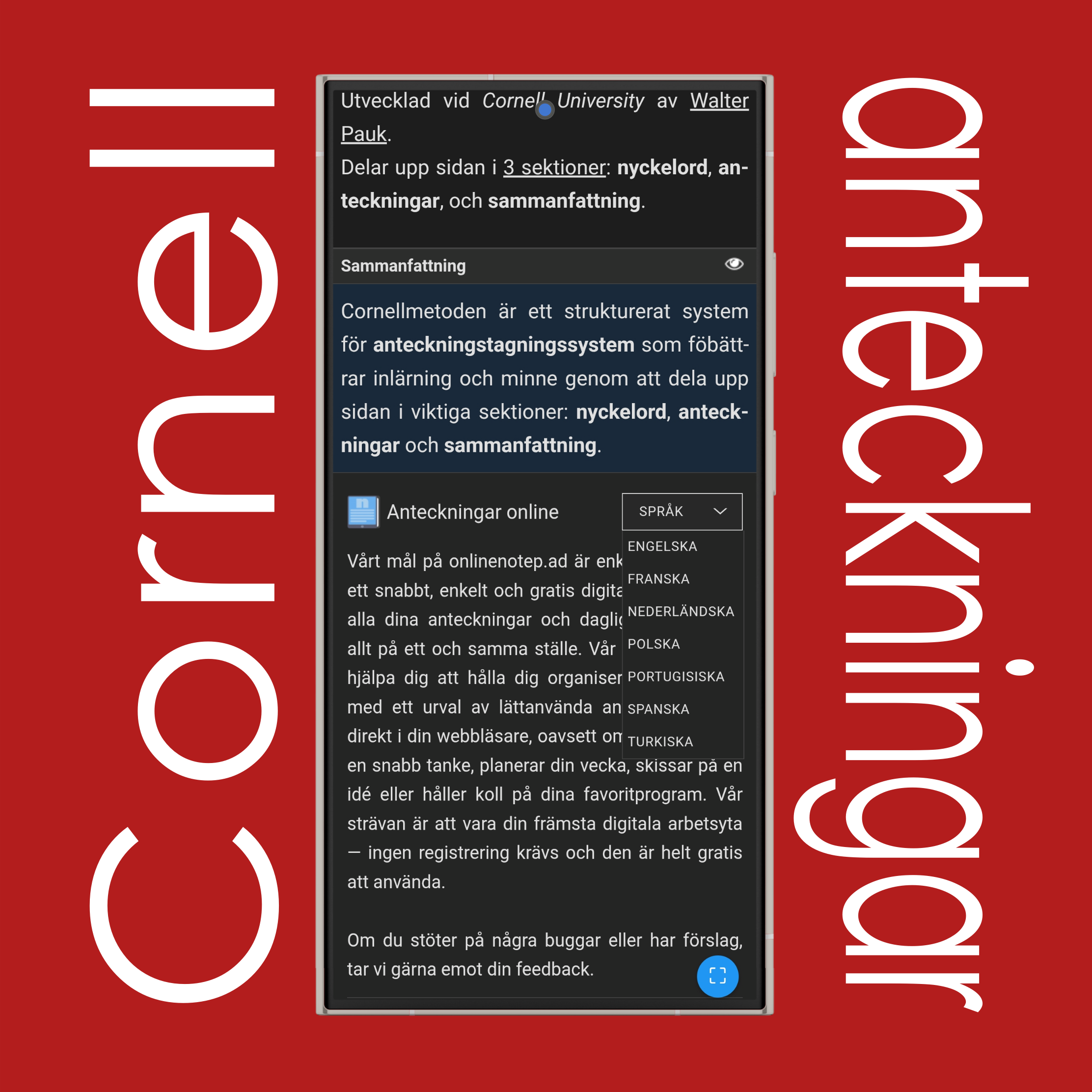Cornellanteckningar: Språkinställningar