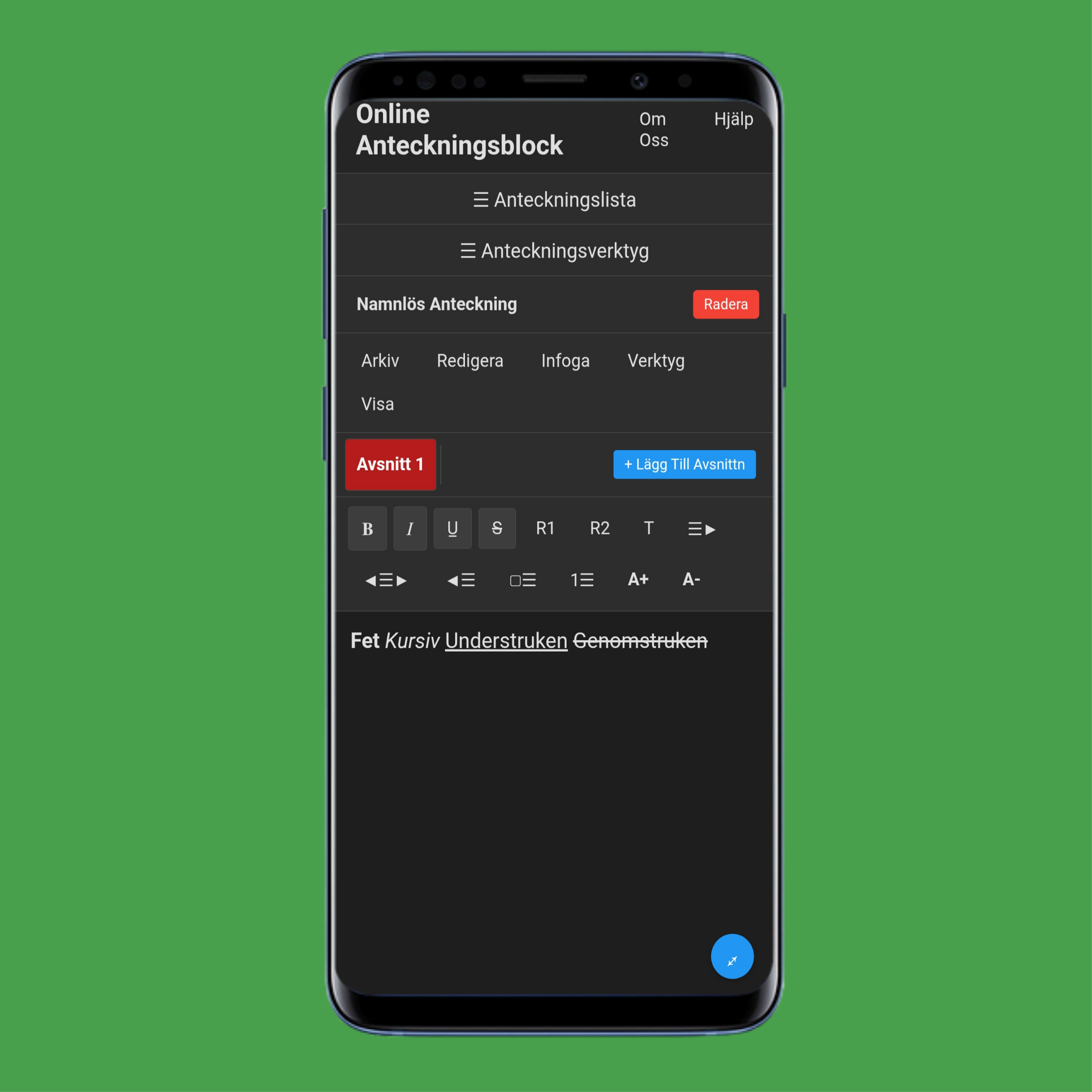 Onlineanteckningsblockets Textstilar