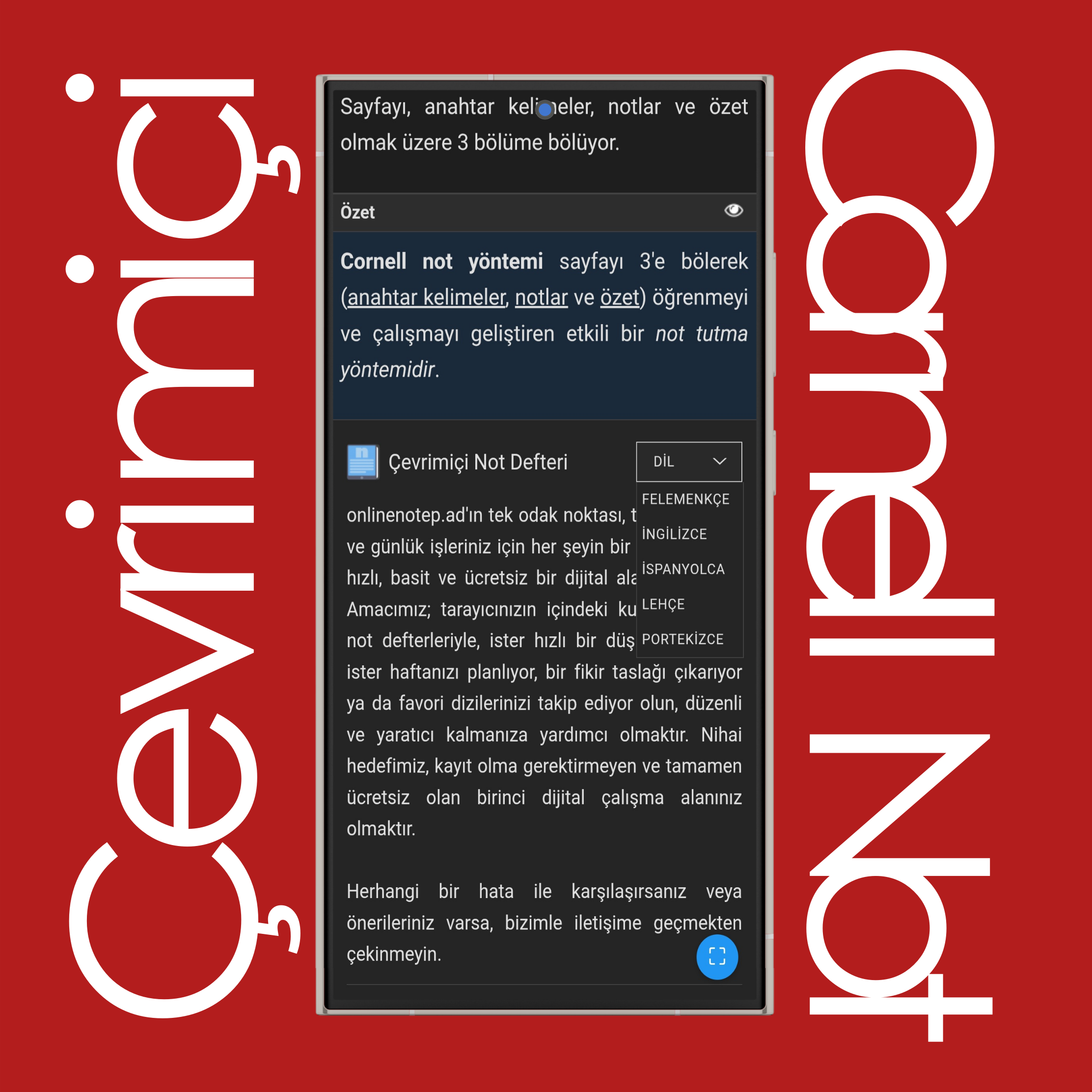Cornell Not Dil Ayarları