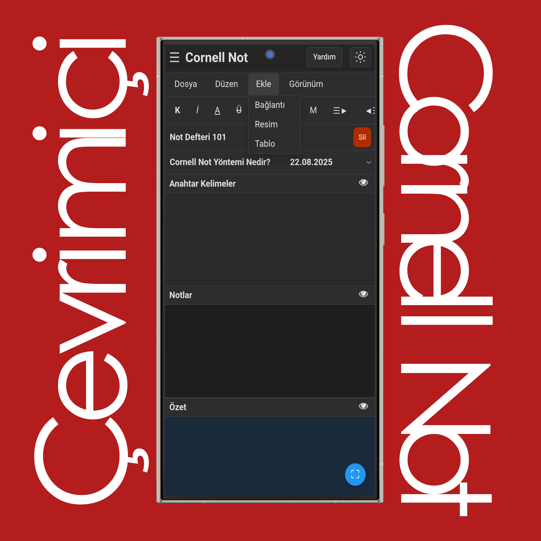 Cornell Not Ekle Menüsü