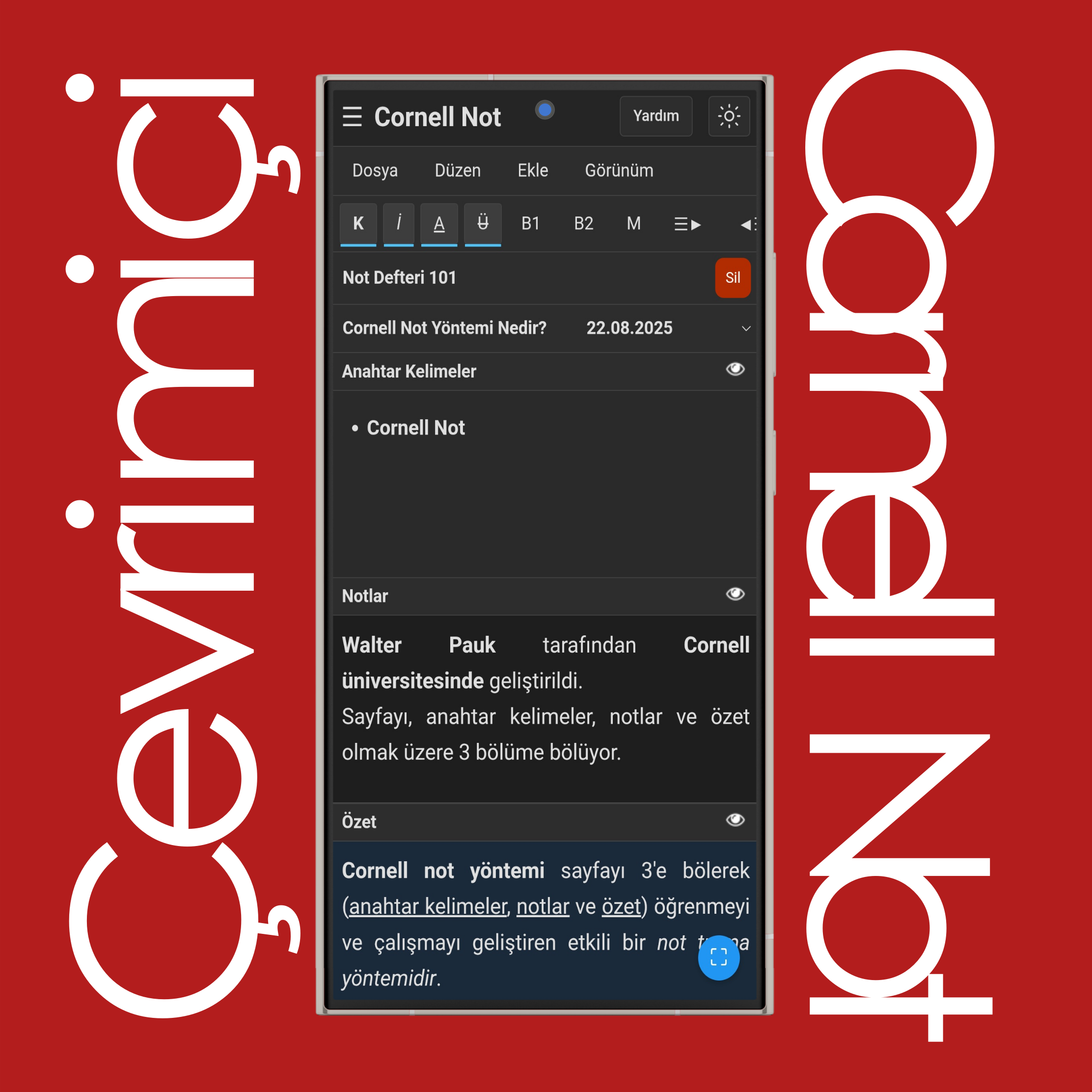 Cornell Not Metin Biçimlendirmesi