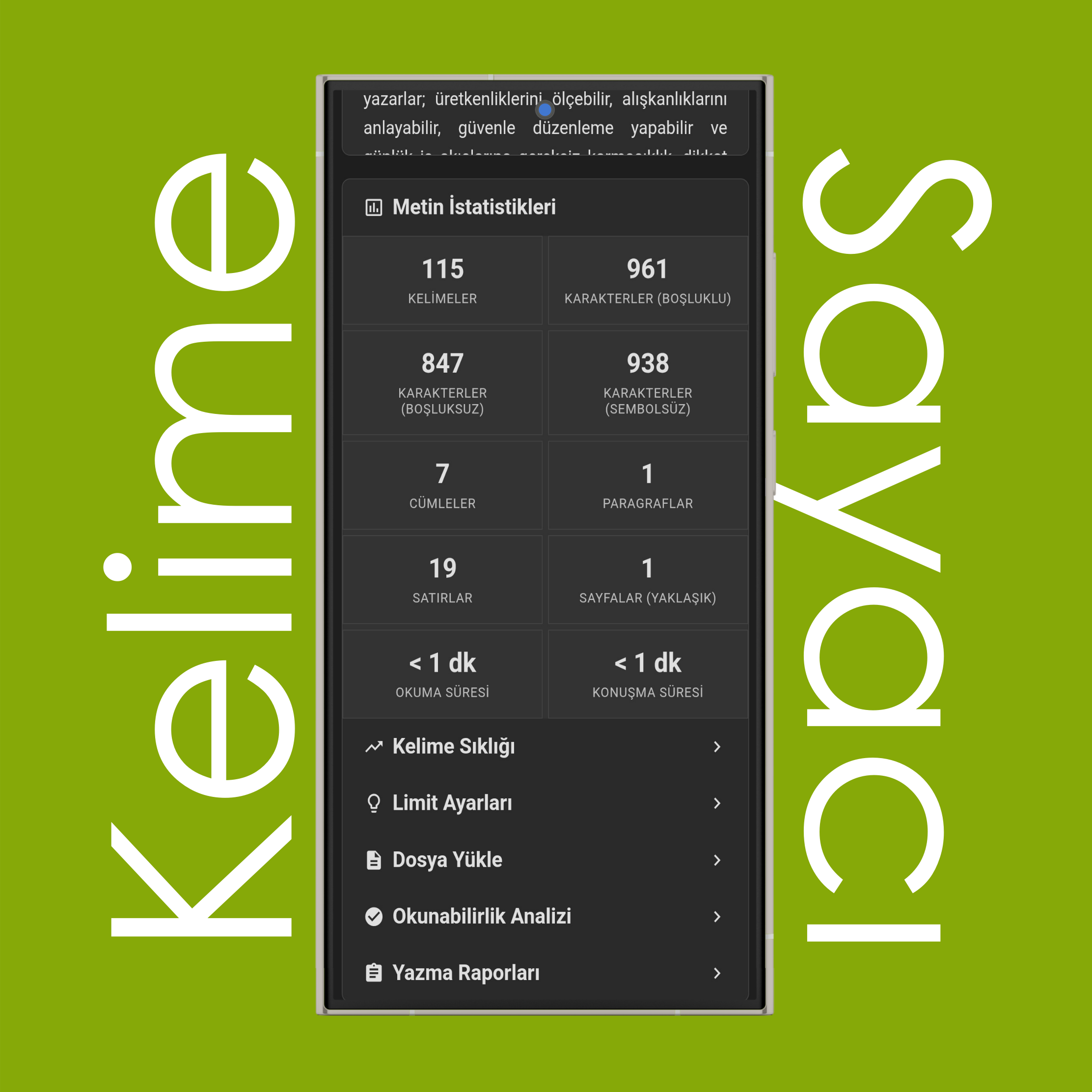 Gelişmiş Kelime Sayacı İstatistikleri (Boşluksuz Karakterler/Semboller, Satırlar, Sayfalar, Okuma ve Konuşma Süresi)